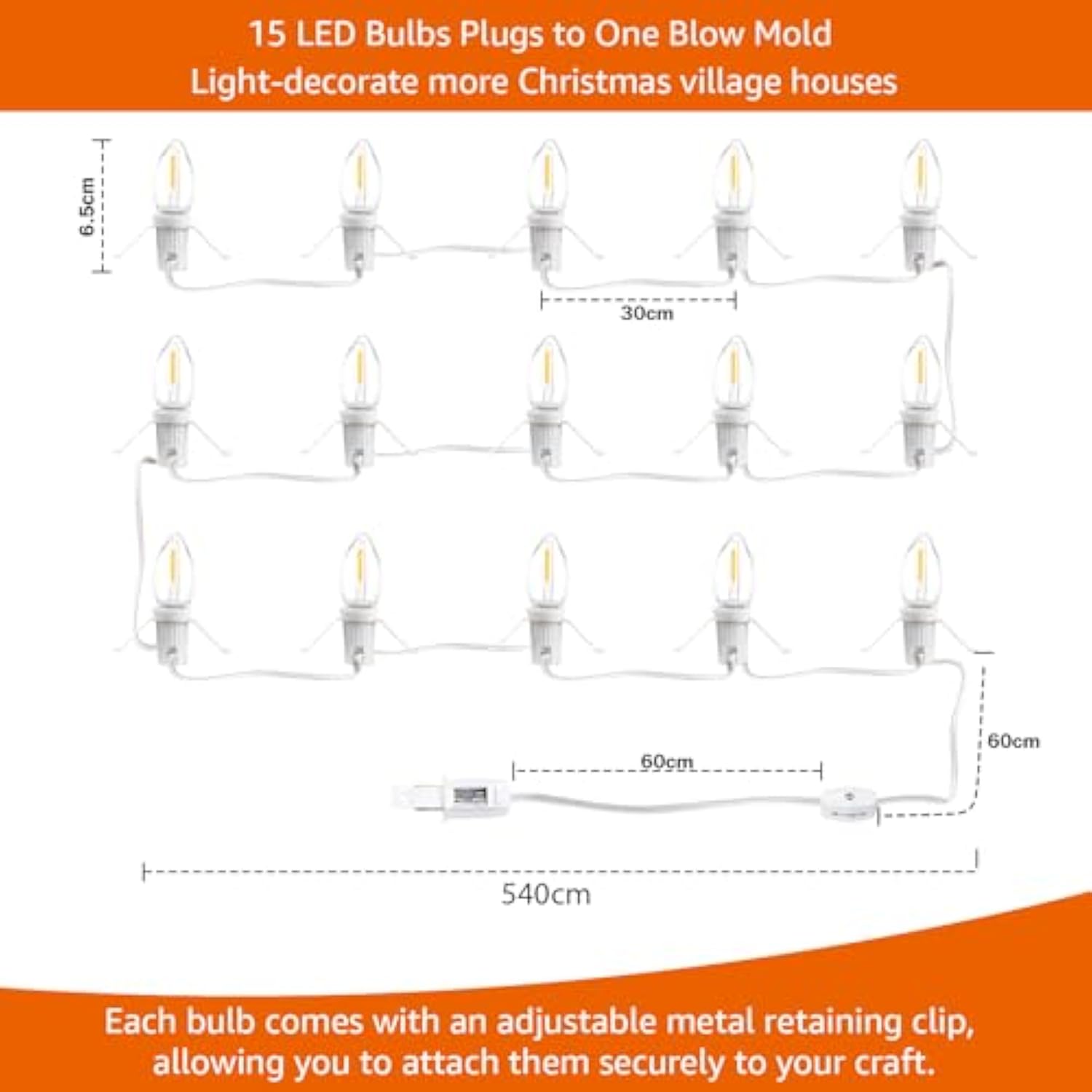C7 Accessory Cord With 15 Led Light Bulbs And Outlet Christmas Village Light 17.7 Ft With Spare Fuse Warm White Lamp For