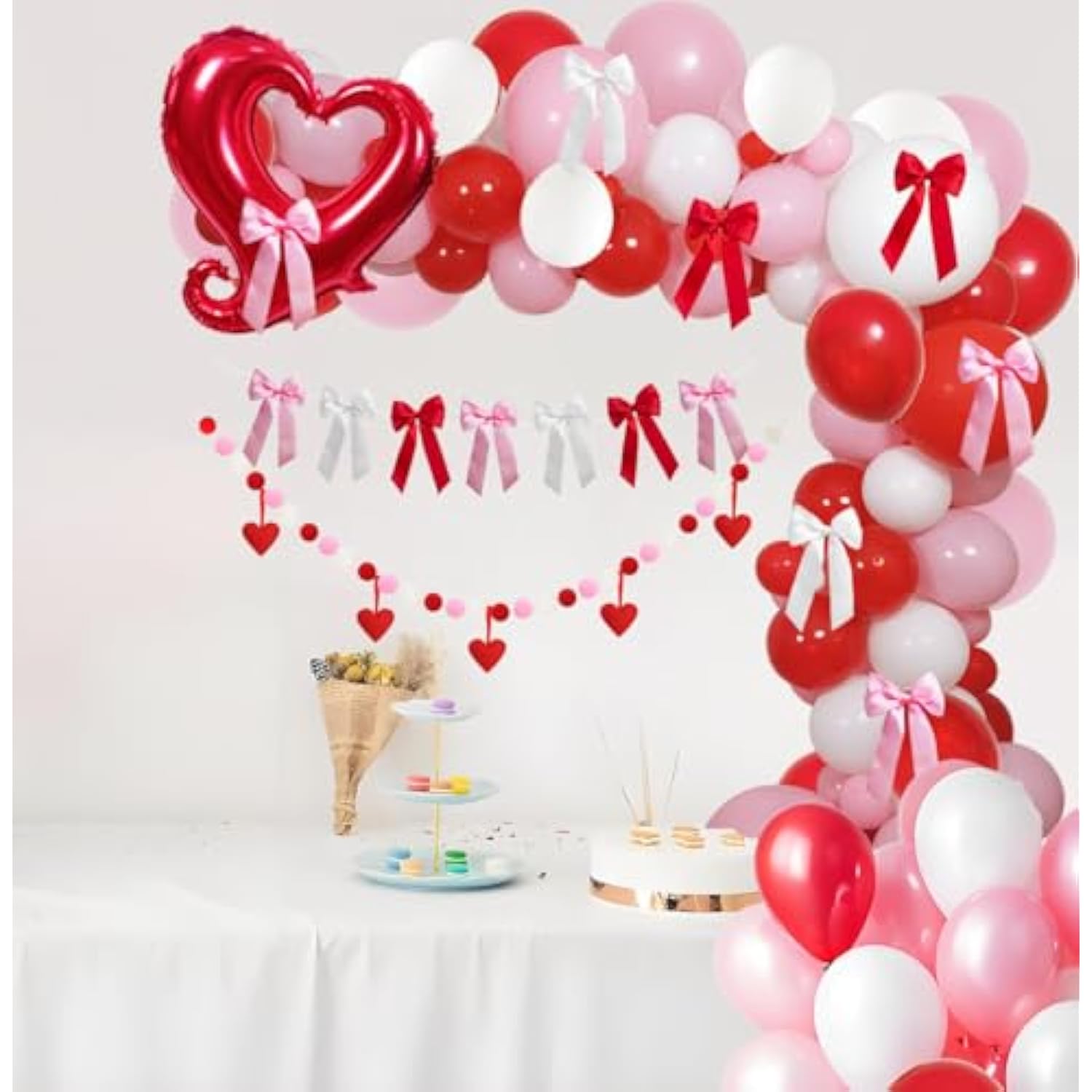 Valentines Day Party Balloons Arch Garland Kit, Red Pink White Bows Decorations, 106Pcs Balloons & Accessories For Valentines Engagement Party Birthday Decorations
