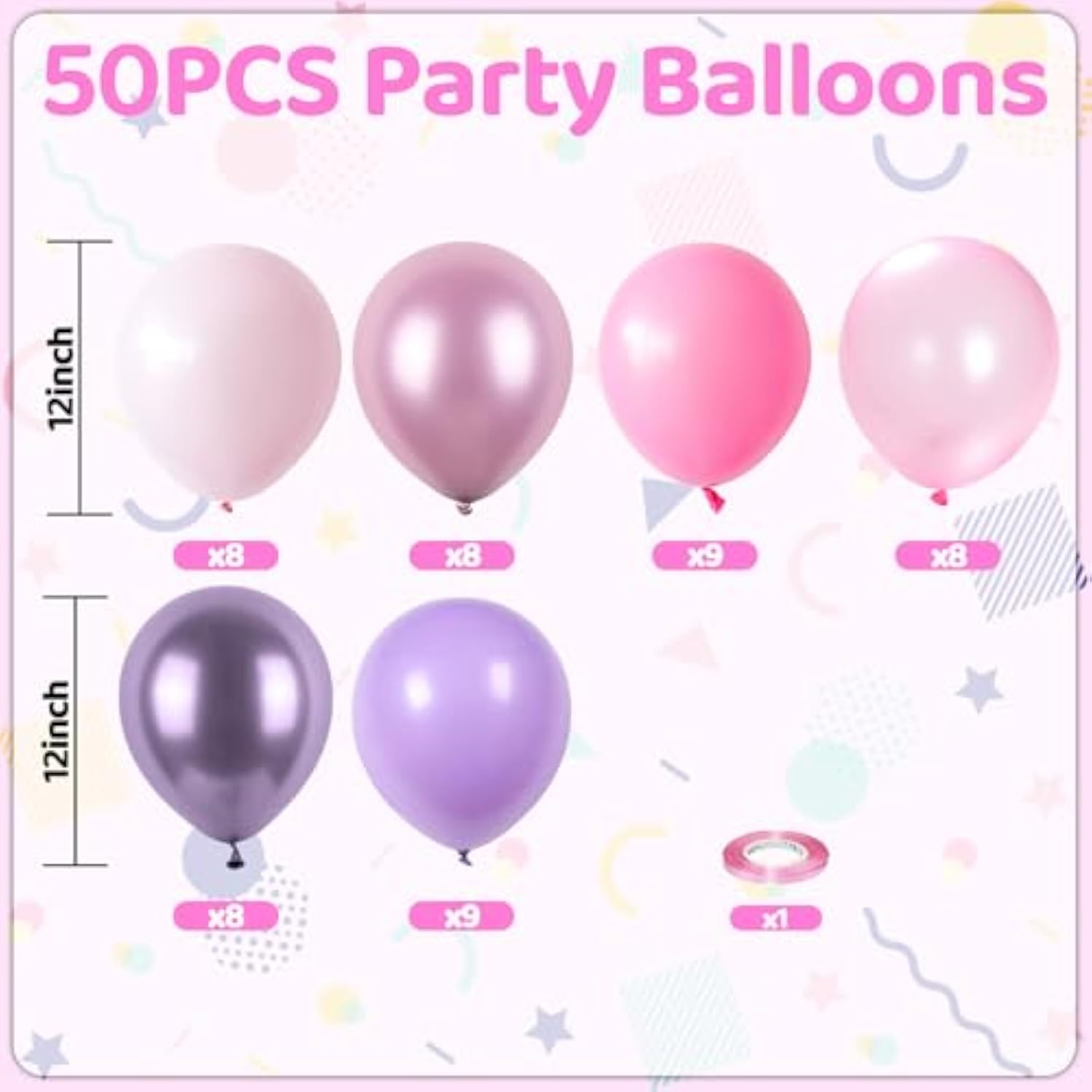Purple And Pink Balloons, 50Pcs Metallic Pink Purple Balloons, Pearl Light Latex Balloon For Girls Women Birthday Party Wedding Baby Shower Bridal Shower Valentine'S Day Mother'S Day Decoration