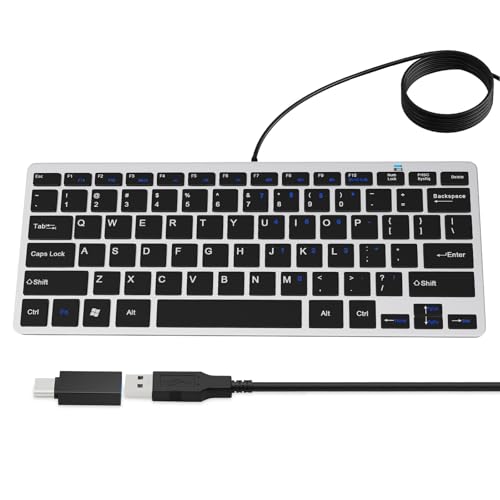 Ultra-Slim 78Keys Usb Mini Wired Keyboard With Media Hotkeys For Apple Mac Pro, Macbook 56Pro/ Imac, Air, Mac Mini, Laptop Computers, Windows Pc 11/10/8/7, With Usb-A To C Otg Adapter, Silver Black