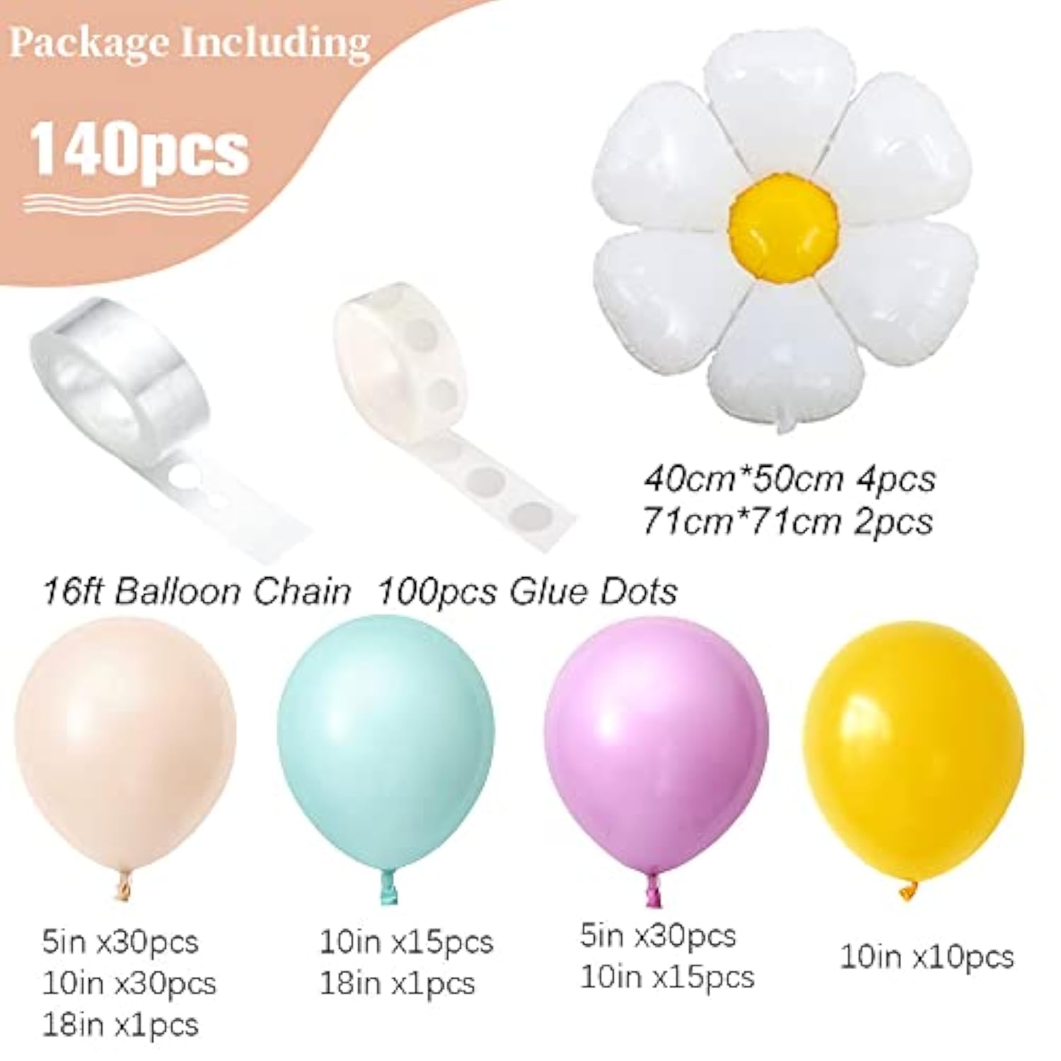 140pcs Daisy Balloon Garland Kit – Macaron Purple, Green, Nude & Yellow for Boho Birthday, Baby Shower and Flower-Themed Parties