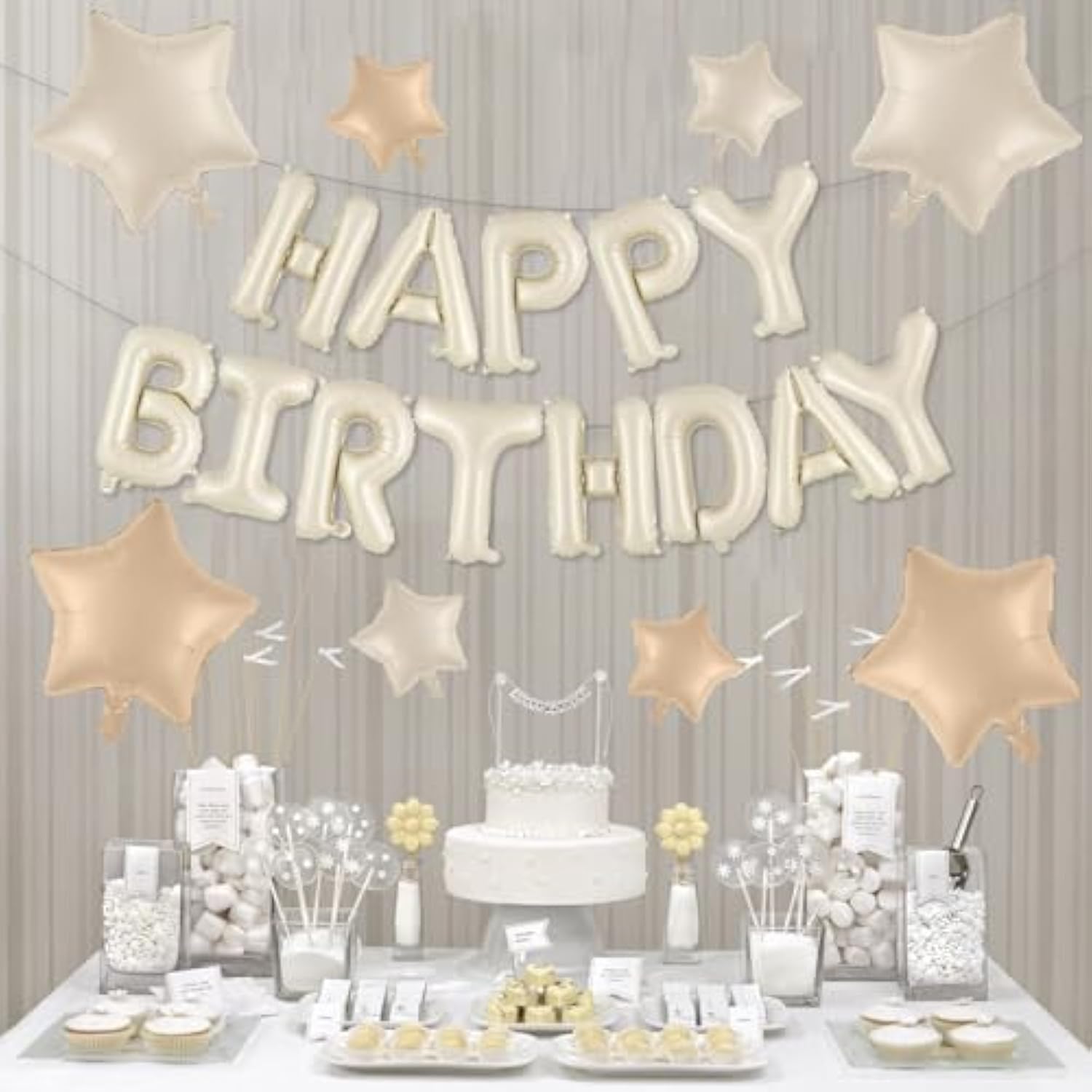 Happy Birthday Balloons Banner, Cream Happy Birthday Foil Balloons 16 Inch Foil Letter Balloon With 8 Pcs Cream Caramel Brown Star Balloon For Women Men Boys Girls Birthday Party Decoration