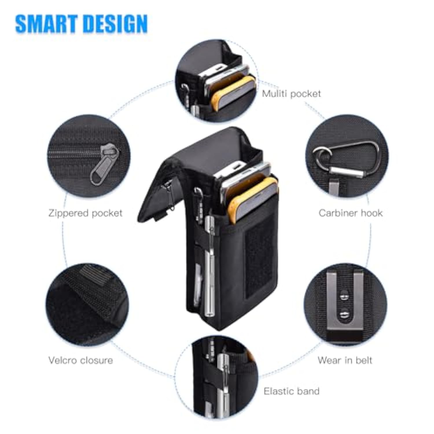 Dual Phone Holster,Belt Phone Pouch, Large Smartphone Pouch Cell Phone Holder, Multi-Purpose Tactical Cell Phone Holder For Work, Hiking, Camping, Barbecue, Rescue (Black)