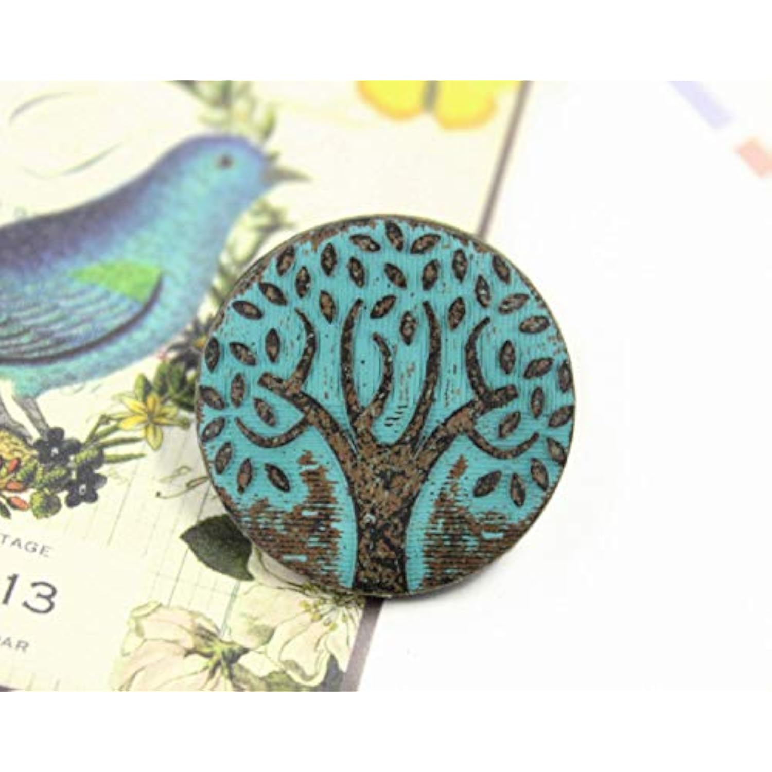 10 Pieces Big Tree Pattern Green Patina Varnished Metal Shank Buttons.