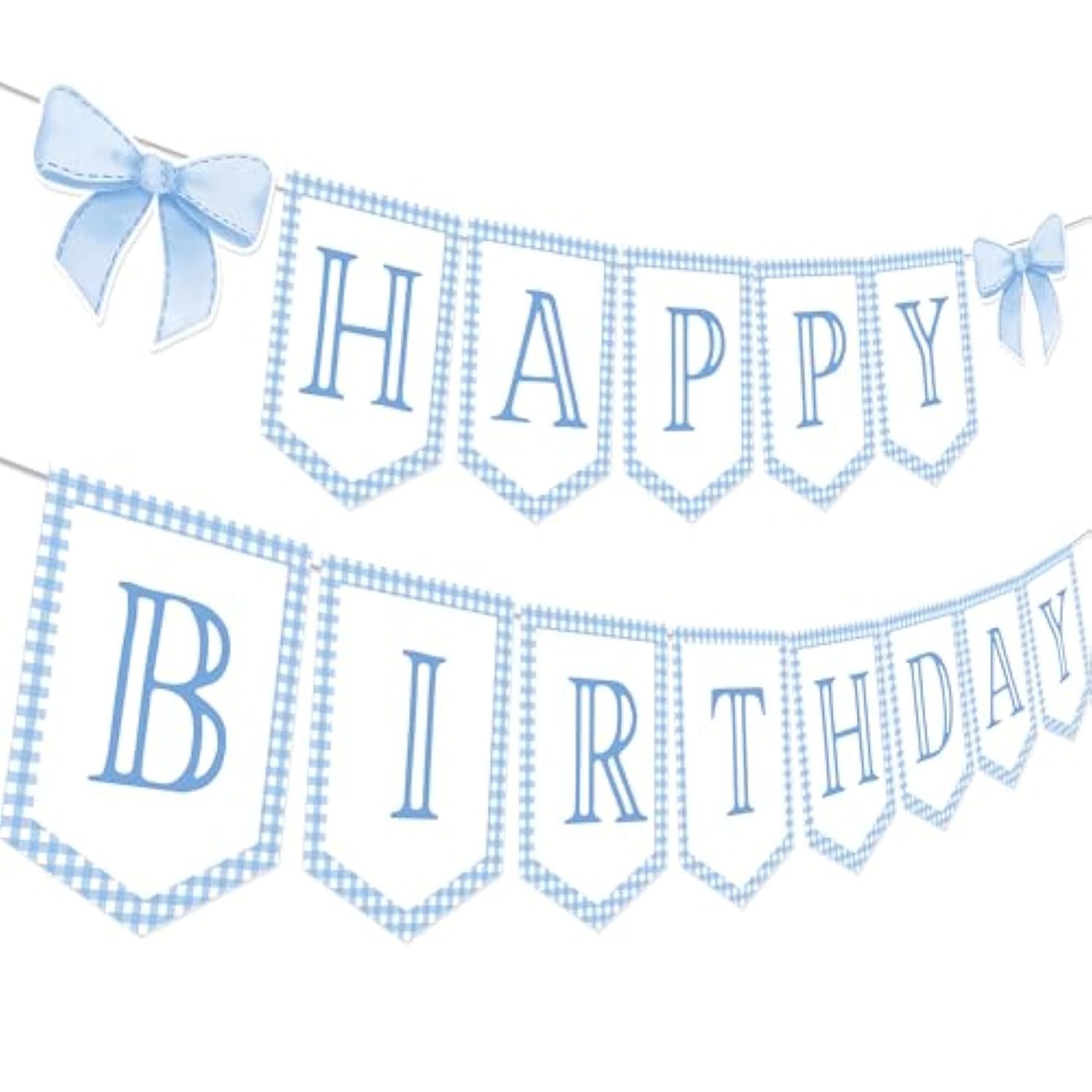 Blue Gingham Coquette Bow Theme Party Banner - Neutral Preppy Grandmillennial Decoration For 1St Birthday