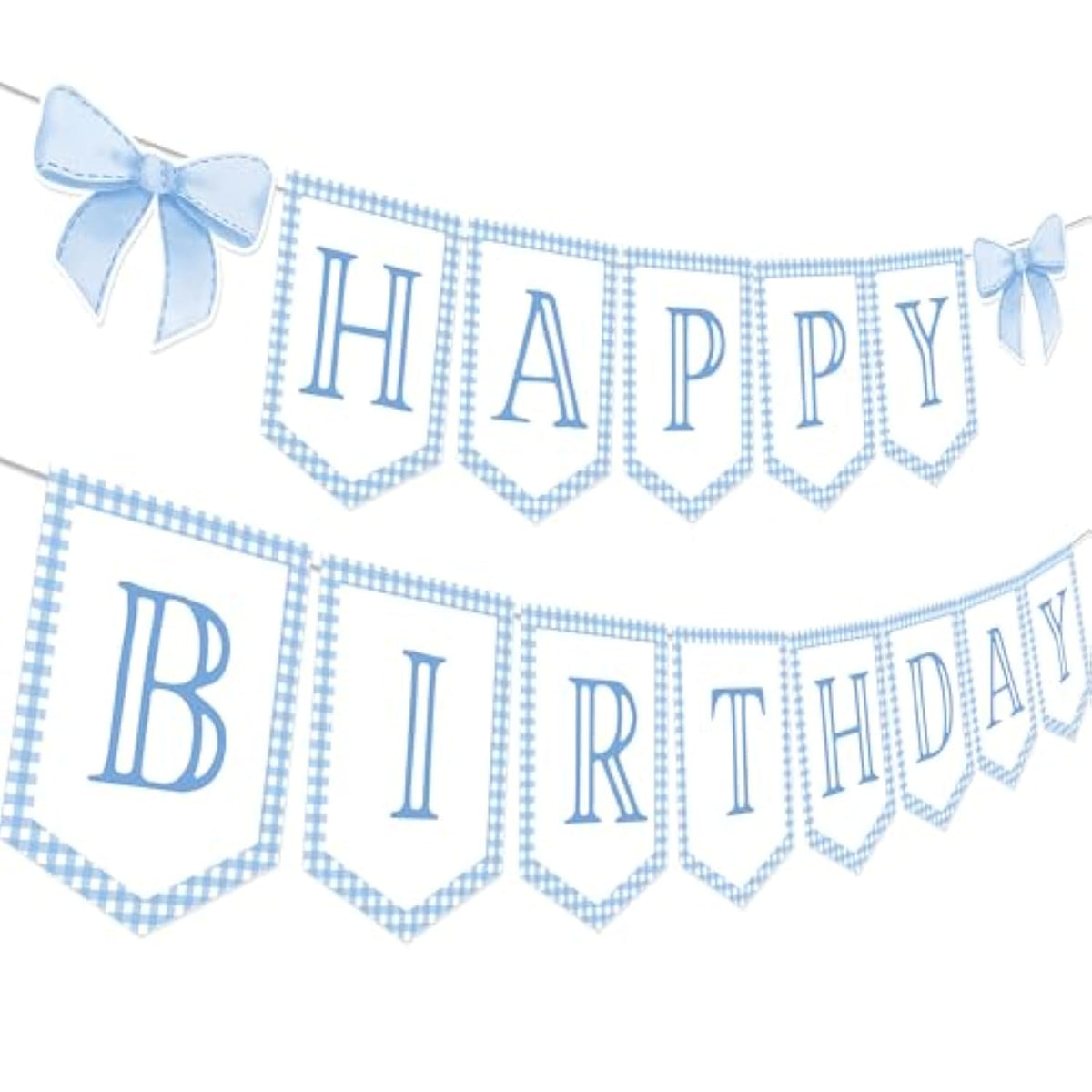 Blue Gingham Coquette Bow Theme Party Banner - Neutral Preppy Grandmillennial Decoration For 1St Birthday