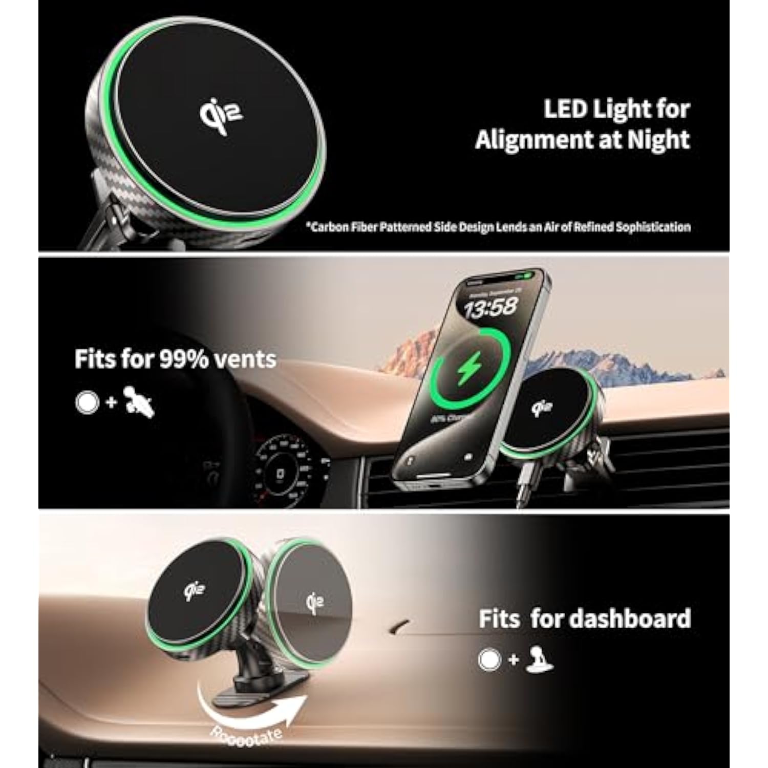 For Magsafe Car Mount Charger 2025 New [Qi2 Certified-15W], 360° Rotatation [Dash & Vent] Wireless Car Mount Charger, For Iphone 17 16 15 14 13 12 Series, For Magnetic Iphone Car Accessories