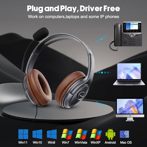 Noise Canceling USB Headphones with Microphone & in-Line Controls for Dragon Dictation, Over Ear PC Headphones for Office Work from Home Skype Teams