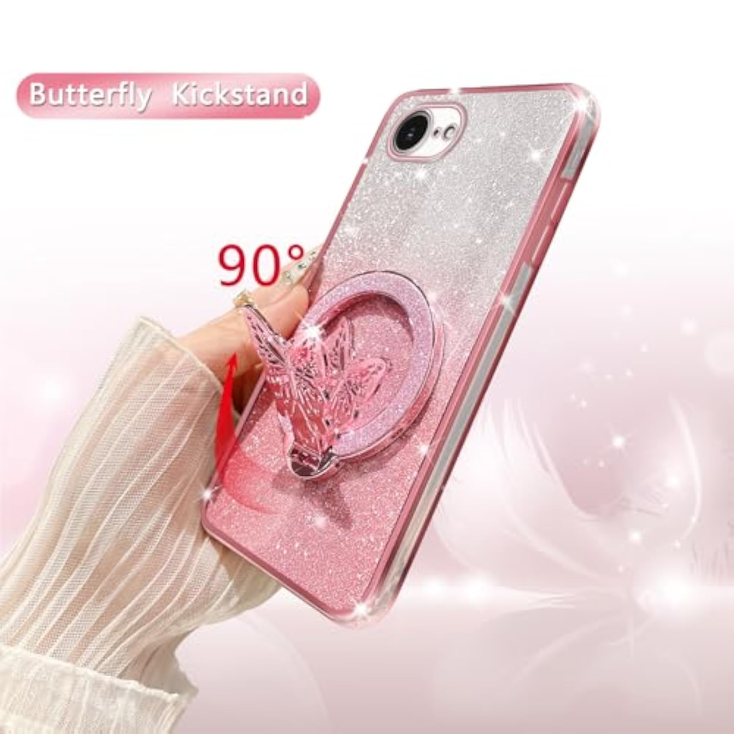 Clear Bling Soft TPU Shockproof Protection Case for iPhone 16E/SE4 with Magsafe Compatibility, Rose Gold, Includes Butterfly Kickstand and Lanyard