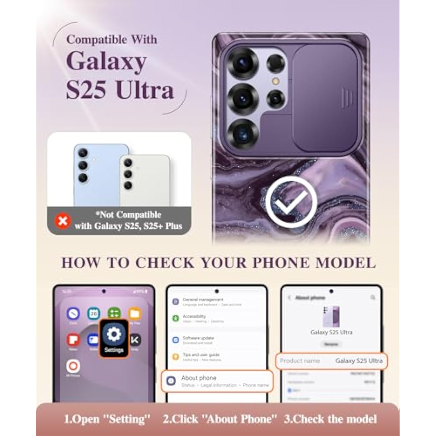 Quicksand marble Galaxy S25 Ultra case with slide camera cover & military protection.