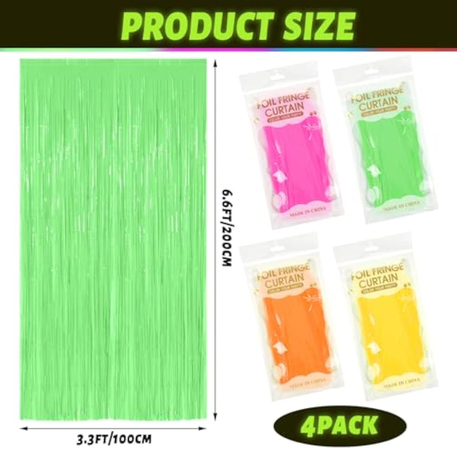 4 Pack Glow In The Dark Party Supplies 3.3X6.6 Feet Neon Party Decorations Neon Foil Fringe Backdrop Curtains Tinsel Streamers Backdrop Glow In The Dark Stars(Green, Rose Red, Yellow, Orange)