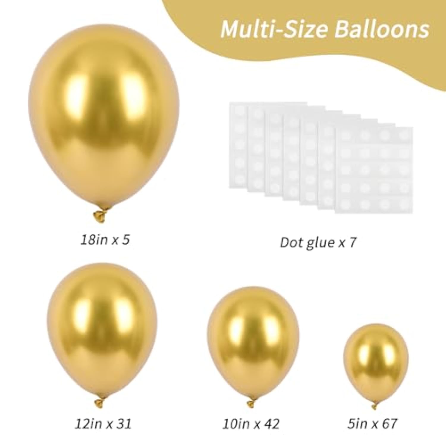 145 Gold Balloons in 5 Sizes – Metallic Latex Party Kit for Birthday, Wedding & Celebration