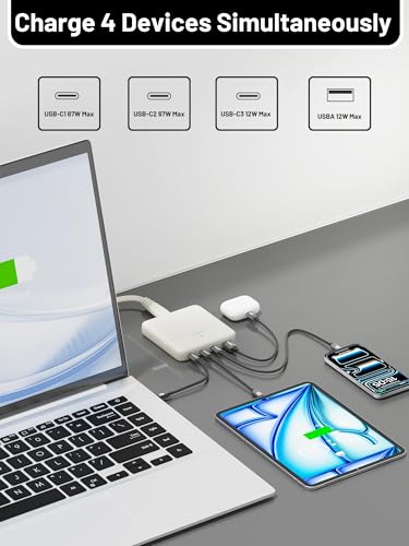 USB C Charging Station 67W, 4-Port Slim USB C Charger Block for iPhone 17/16/15, MacBook Air/Pro with 5ft Extension Cord, 3 USBC, 1 USB-A, Fast