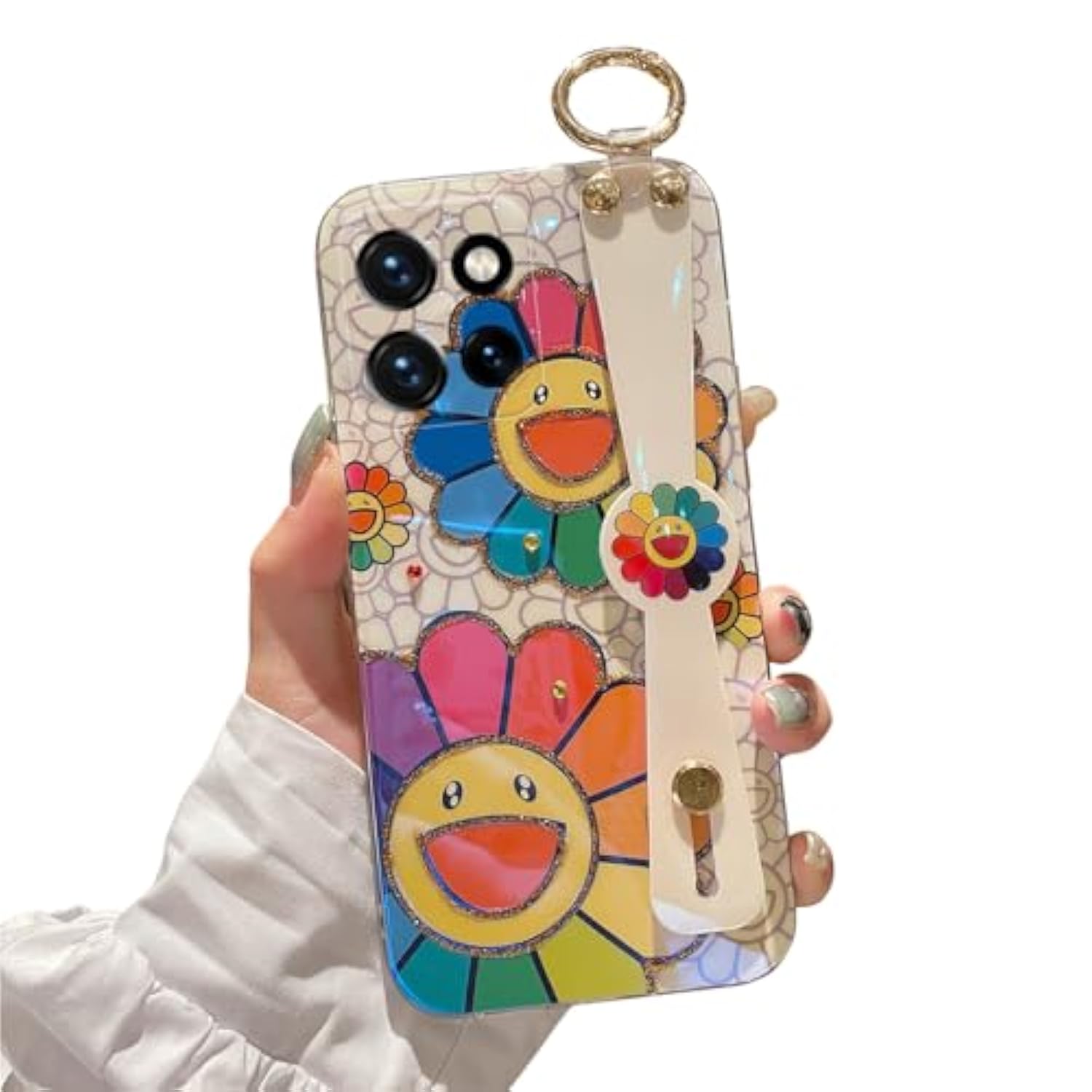For Motorola Moto G 5G 2025 Case 6.7" With Wrist Strap Stand Glitter Imd Cute Kawaii Cartoon Pattern Design Shockproof Protective Phone Cases For Girls & Women - Sunflower