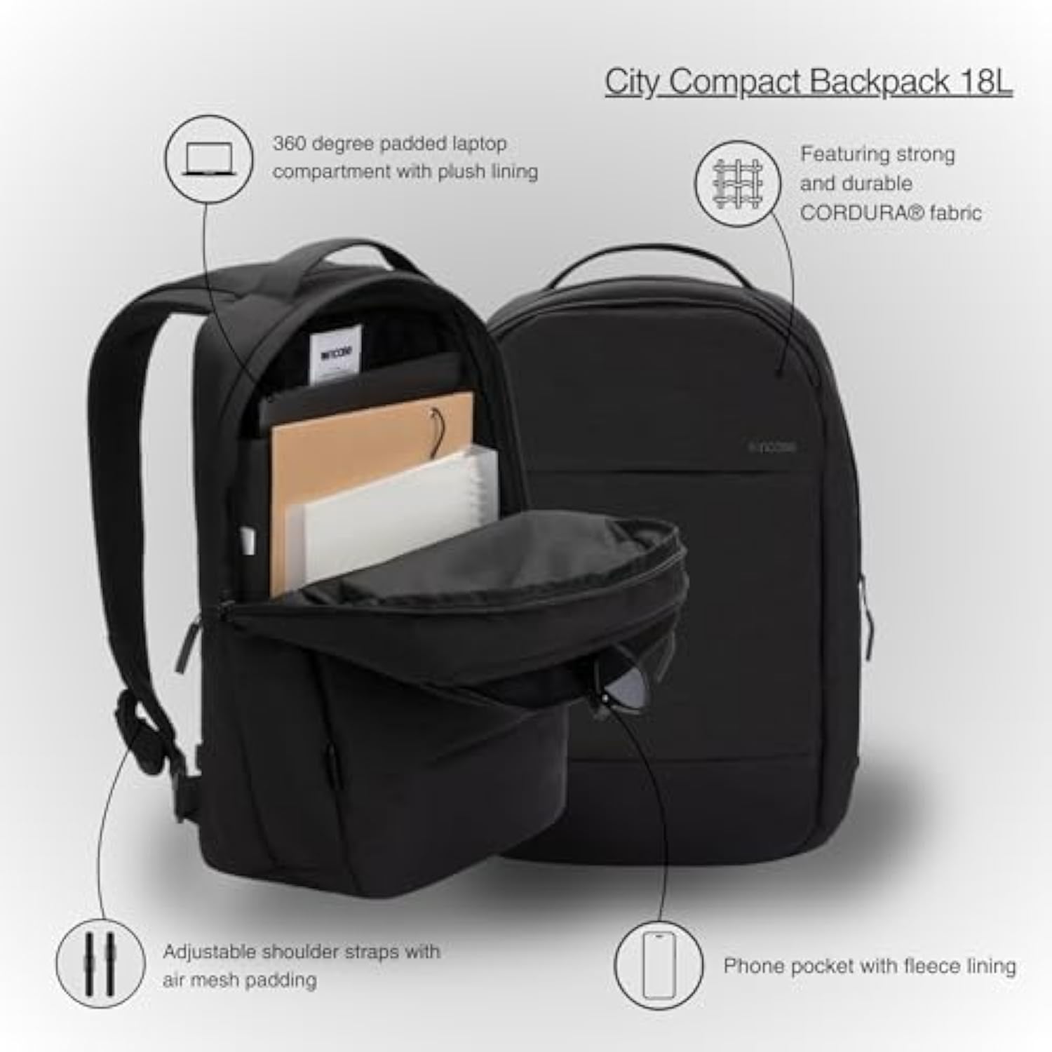 Incase Compact City Backpack – 18L Everyday Travel Tech Backpack and Laptop Bag for Work or School – Three Pockets, 16” Padded Laptop Sleeve, Quick Access Pocket – Cordura Black