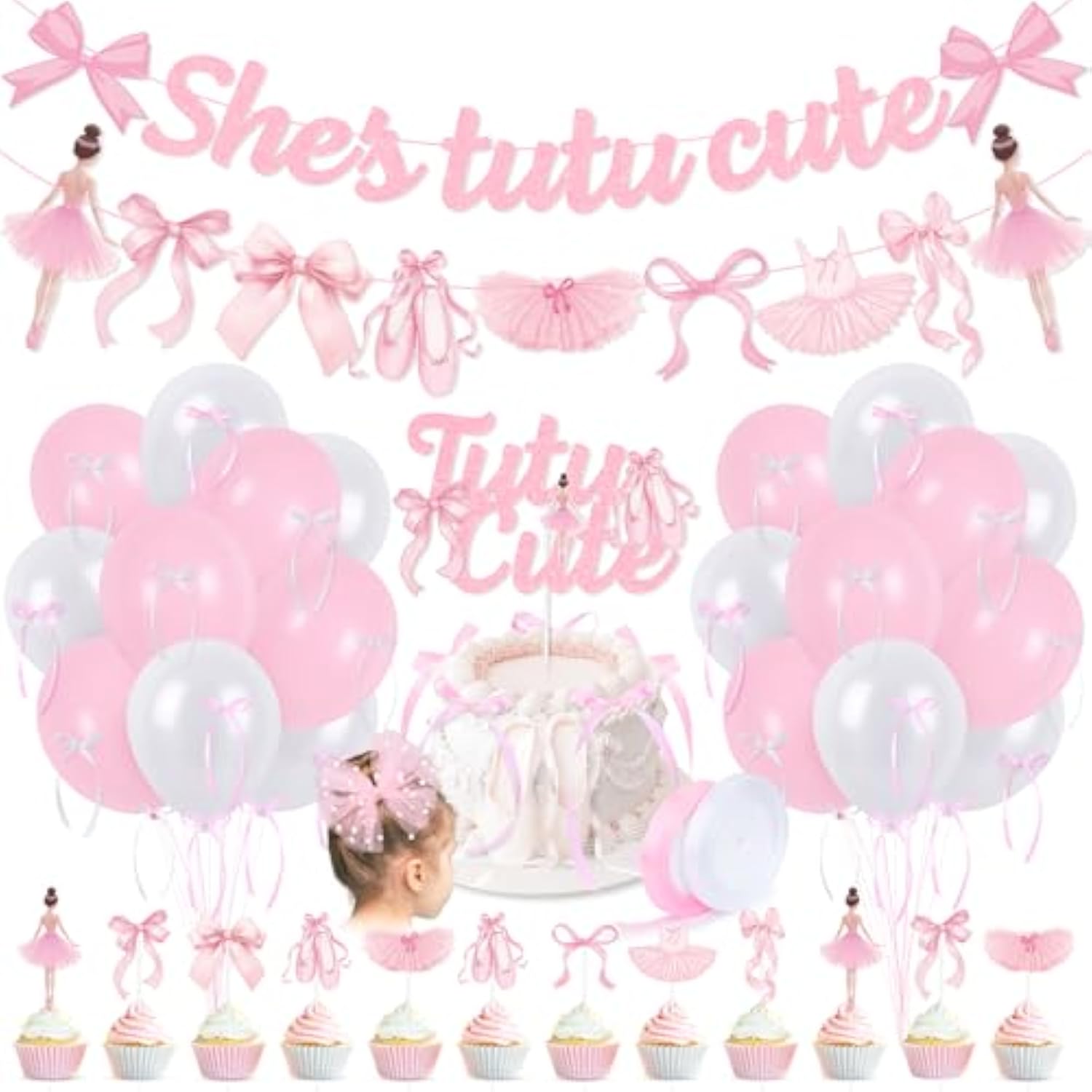 Pink Bows Ballet Girls Birthday Party Decorations, She'S Tutu Cute Ballerina Theme Birthday Party Banner Cake Toppers Balloons For Two Two Cute 2Nd Bday Baby Shower Tutu Dancing Girls Party Supplies