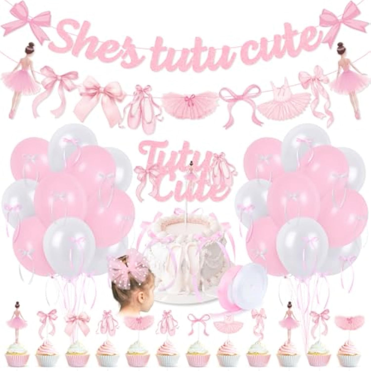 Pink Bows Ballet Girls Birthday Party Decorations, She'S Tutu Cute Ballerina Theme Birthday Party Banner Cake Toppers Balloons For Two Two Cute 2Nd Bday Baby Shower Tutu Dancing Girls Party Supplies