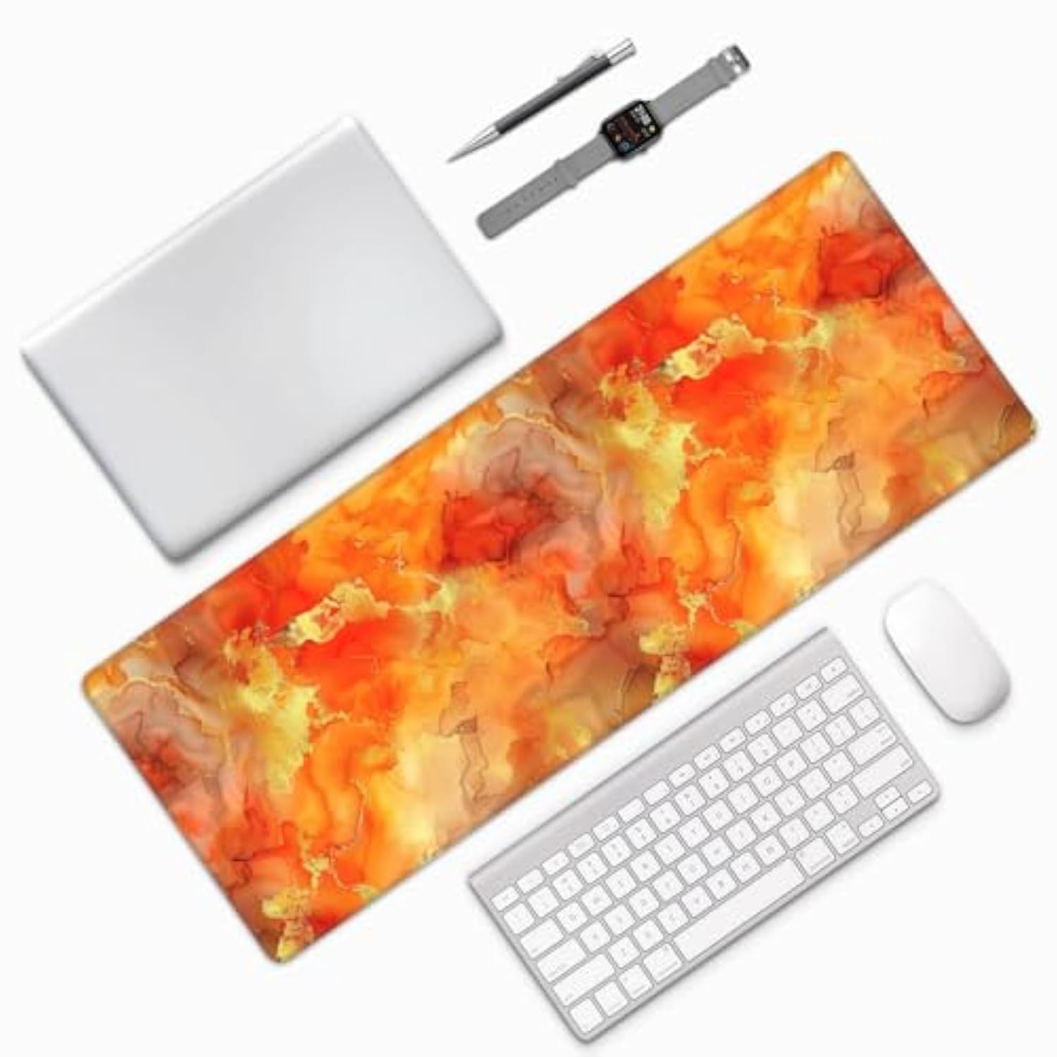Laptop Mouse Pad Orange Marble Gold Liquid Desk Mat With Stitched Edges 31.5X 11.8 Inch Non-Slip Large Keyboard Rubber Writing Table Mat For Office Home