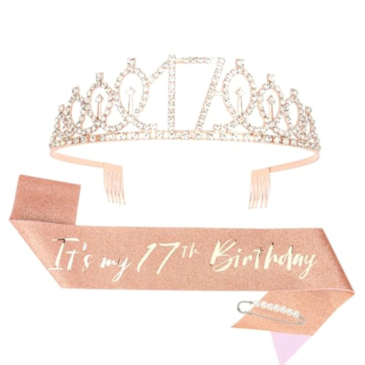 17Th Birthday Crown And Sash For Girls, It'S My 17 Bday Sash, 17Th Birthday Decorations Rose Gold
