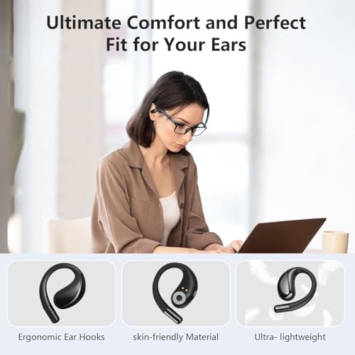Open Ear Clip Wireless Earbuds Bone Conduction Headphones, Bluetooth 5.4, Open Ear Design For Running Fitness,Officebuilt-In Mic, Ipx7 Waterproof, Led Display Charging Case,Ear Hooks Black