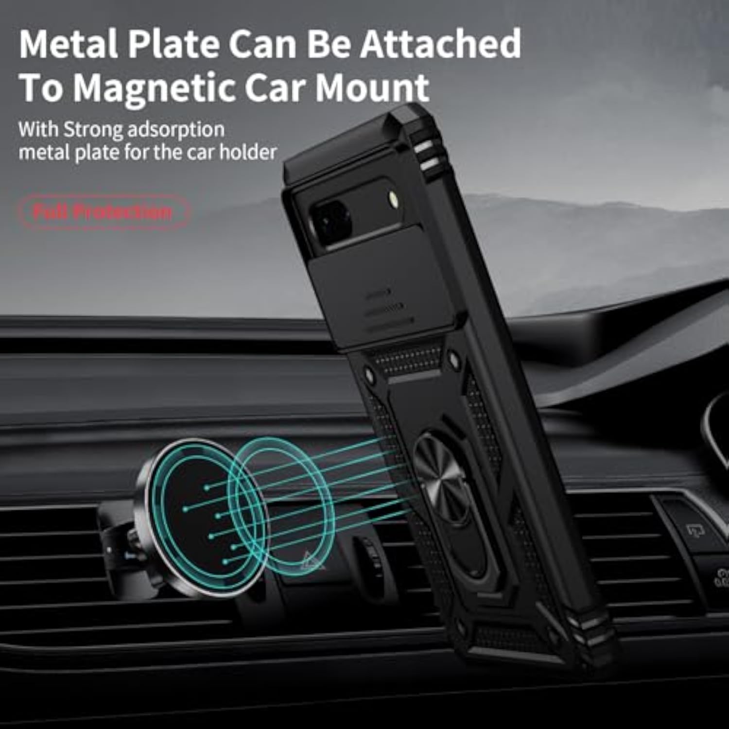 Google Pixel 7 Case with Camera Lens Cover, HD Screen Protector, 10 FT Military Grade Drop Protection, Magnetic Ring Holder Kickstand Protective Phone Case for Google Pixel 7, Black