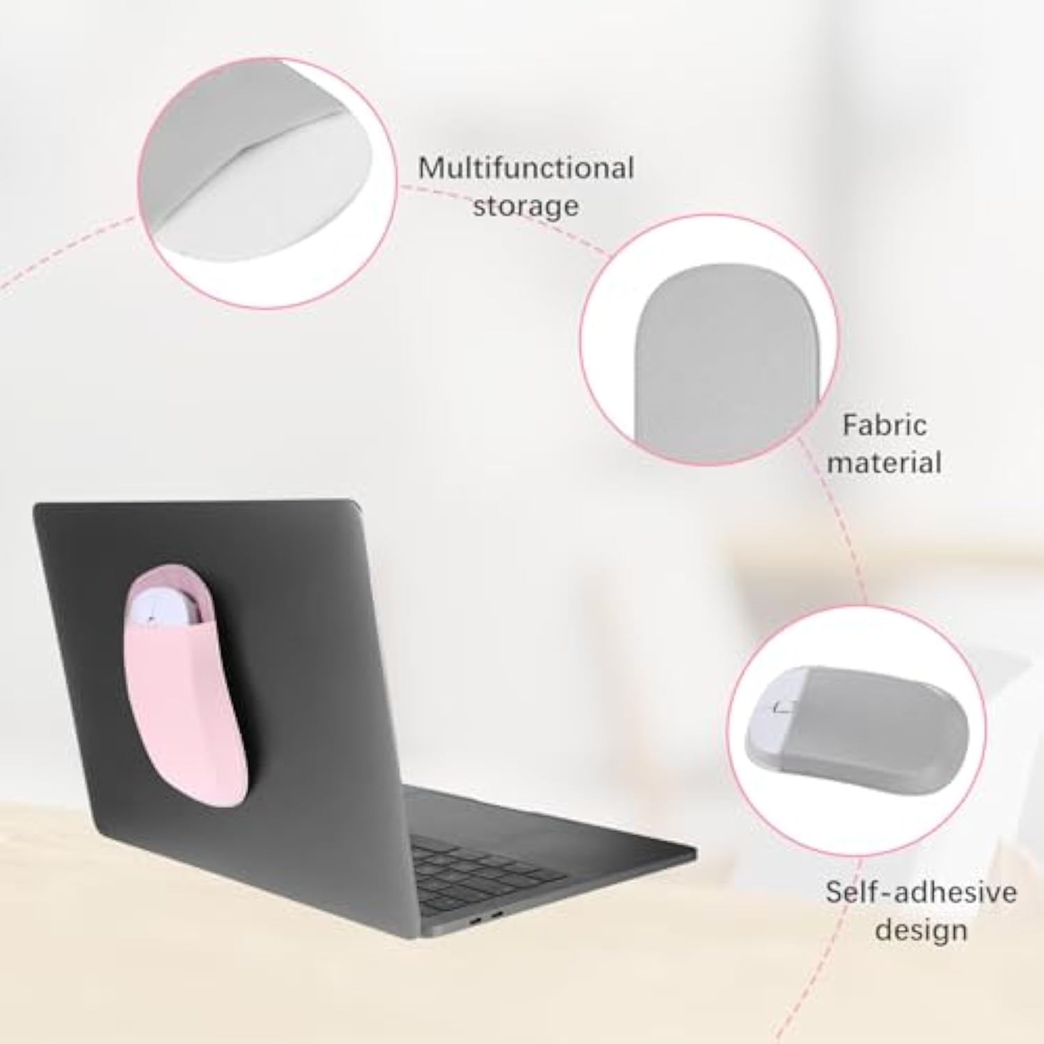 3 Pack Mouse Pouch For Laptop, Universal Mouse Holder For Laptop Reusable Adhesive Slim Pouch Stick-On Compatible With Computer Office Home Storage (Grey,Black,Pink) (Oval)