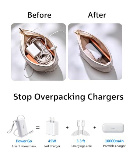 PowerGo 3-in-1 Portable Charger, 10000mAh Power Bank, 45W Fast Charging with 3.3 ft Built-in Retractable USB-C Cable & Foldable Wall Plug Travel