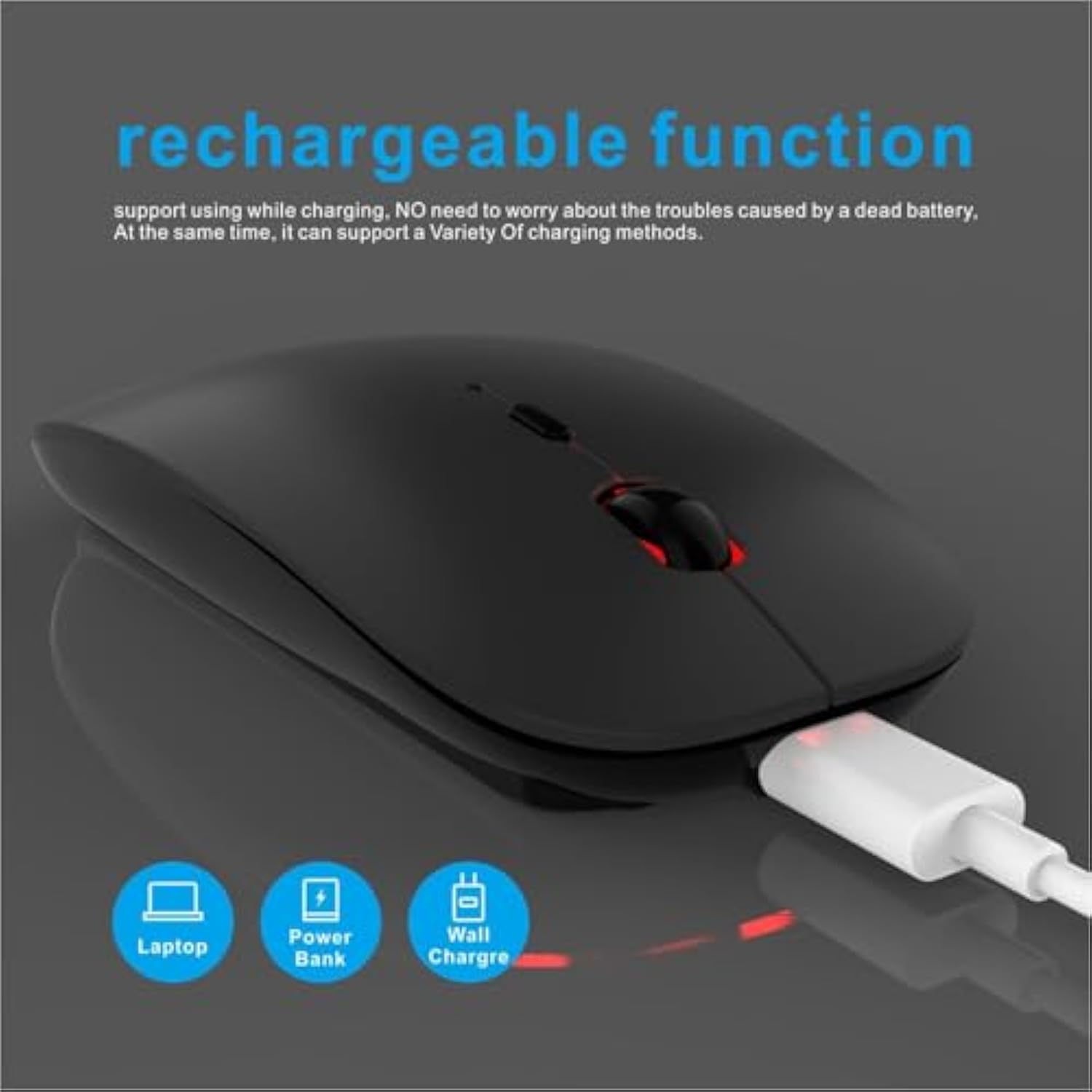 Wireless Slim Bluetooth Mouse, 2.4Ghz Rechargeable Silent Bluetooth Wireless Mouse With Type C Adapter For Pc Notebook Laptop Macbook Computer Ipad Os 13 And Above (Metal Gray)