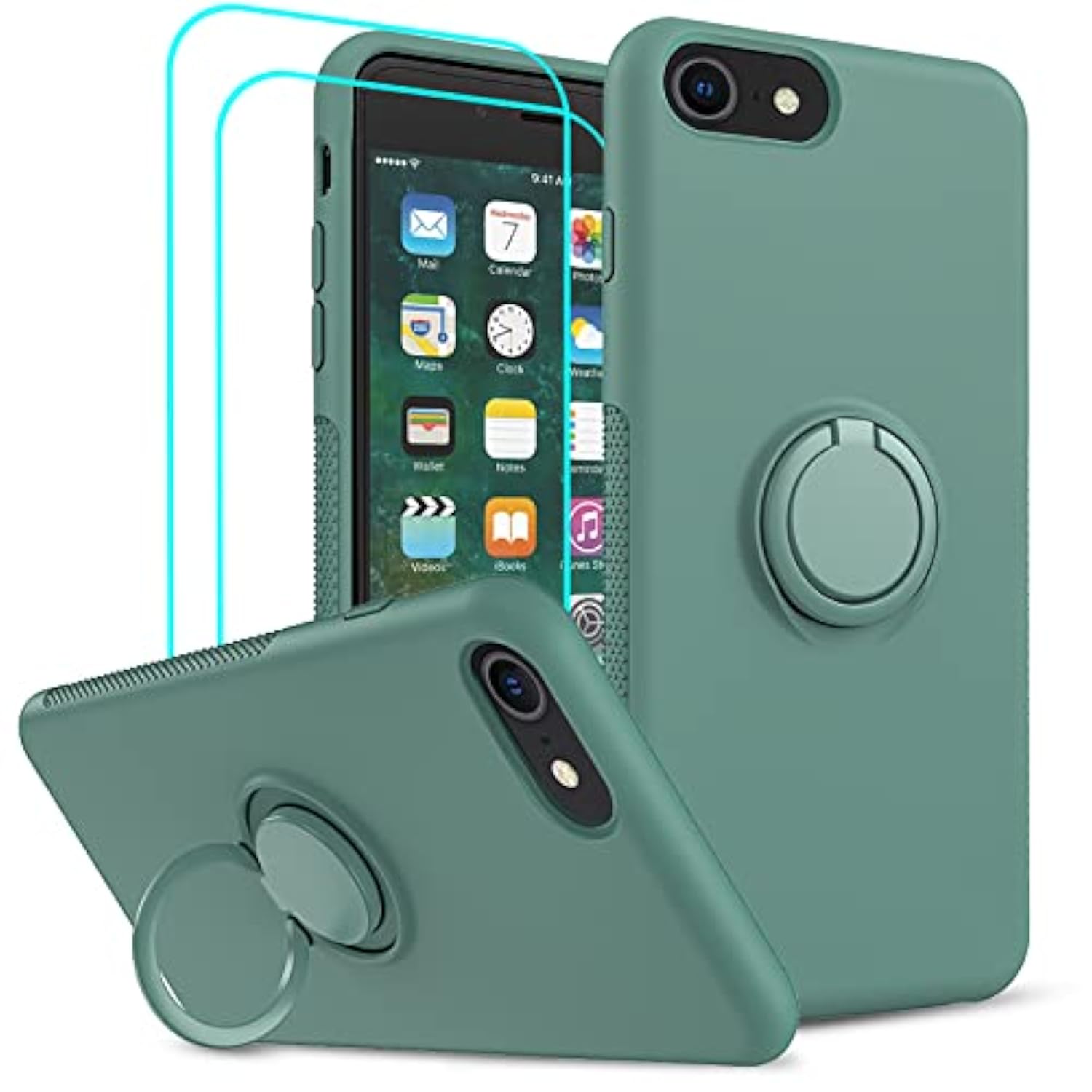 For Iphone 8/7/6S/6 Case With Stand & 2 Glass Screen Protectors - Green Liquid Silicone Shockproof Cover For Women, Girls, Boys