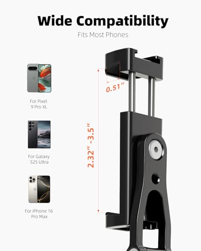 All Metal Phone Tripod Mount, 360° Rotation Tripod Phone Mount with 2 Cold Shoes, Adjustable Cell Phone Mount Adapter with 1/4" Thread, Compatible
