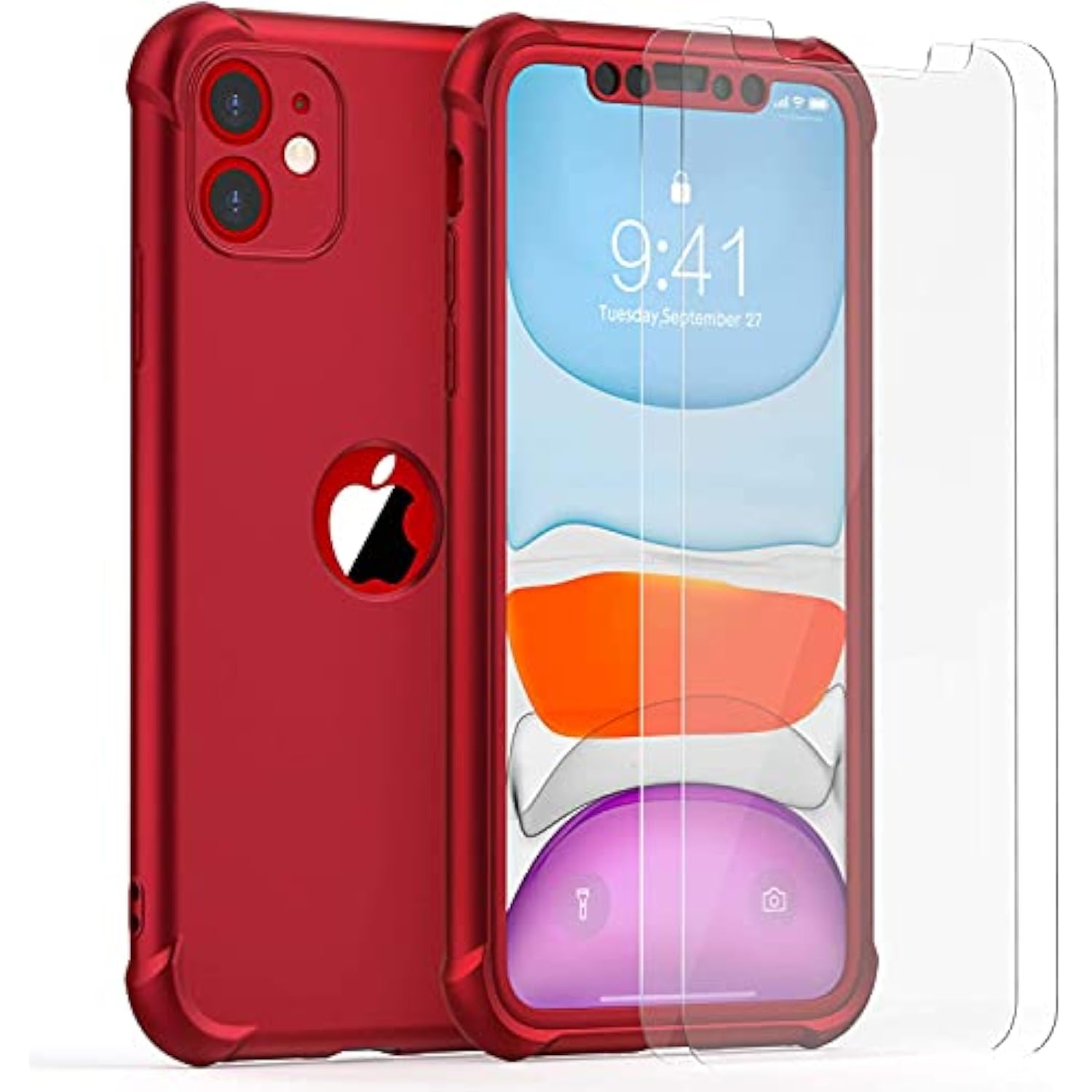For Iphone 11 Case, With[2 X Tempered Glass Screen Protector] [10 Ft Grade Drop Test] [Camera Protection] 360° Full Body Shockproof Protection Rubber Silicone For Iphone 11 6.1"- Red