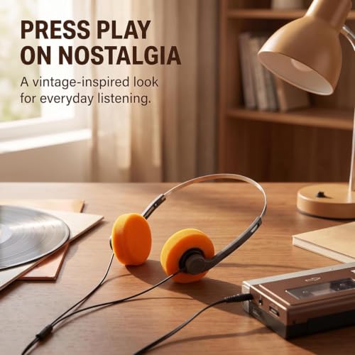 2 Pcs Orange And Black Retro On Ear Headphones, Wired Stereo Headphones, Headphone, Lightweight Portable Headphone With Adjustable Headband, Cassette Player, Over-Ear