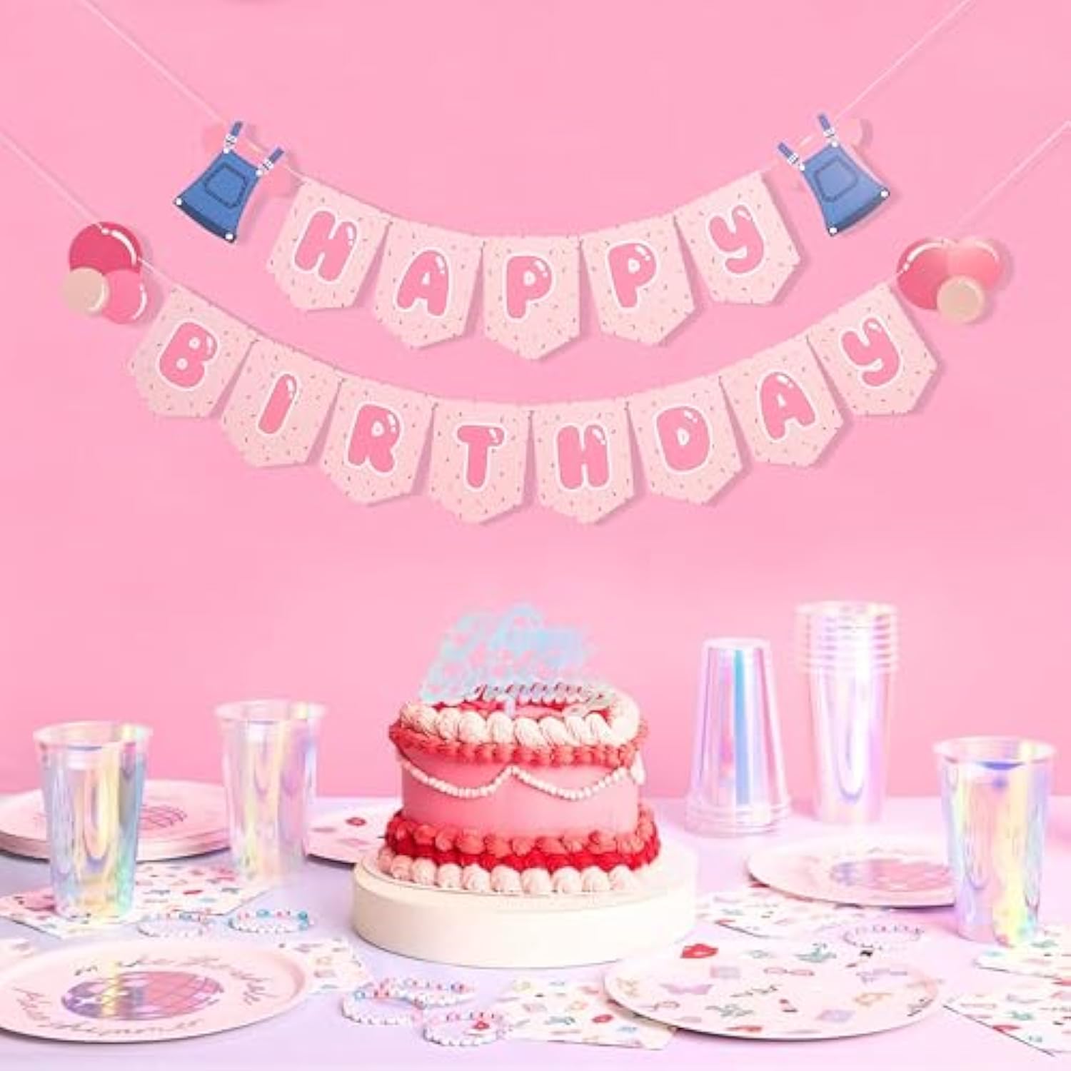 Pink Happy Birthday Banner Bubble Gum Girls Birthday Party Decorations