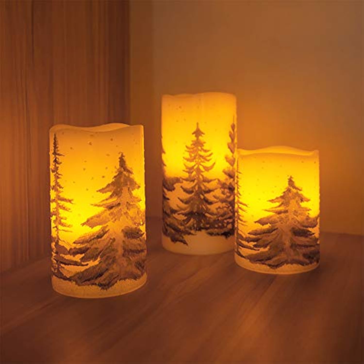 Flickering Flameless Pillar Candles With Timer, Battery Operated Real Wax Warm Light Christmas Tree Pine Tree Decal Candle For Home Decoration Christmas Gifts, Set Of 3(D3 X H4/5/6 Inch)