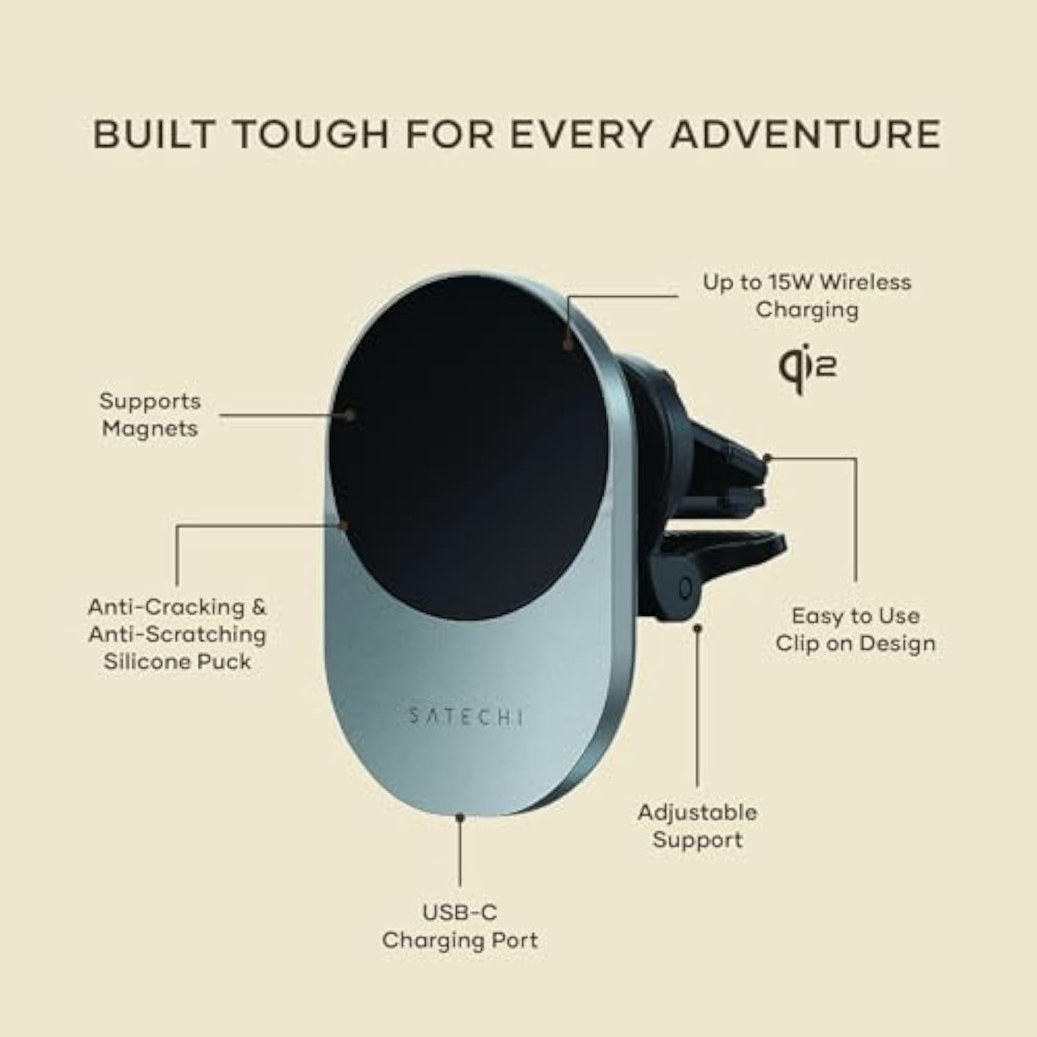 Satechi Qi2 Wireless Car Charger, Travel Friendly Car Phone Mount Charger For Air Vents, 15W Fast Car Charger, Compatible With Iphone Series 12, 13, 14, And 15