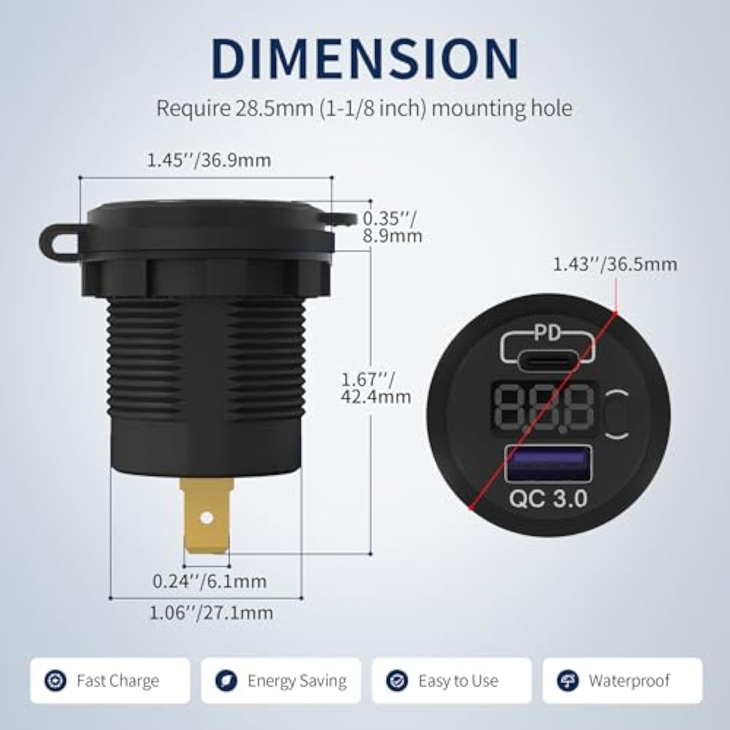 12V Usb C Car Charger Socket 3-Pack - 48W Pd & Qc 3.0 Fast Charging Dual Usb Outlet With Voltmeter & On/Off Switch, Waterproof 12V Charging Port For Car, Marine, Boat, Golf Cart