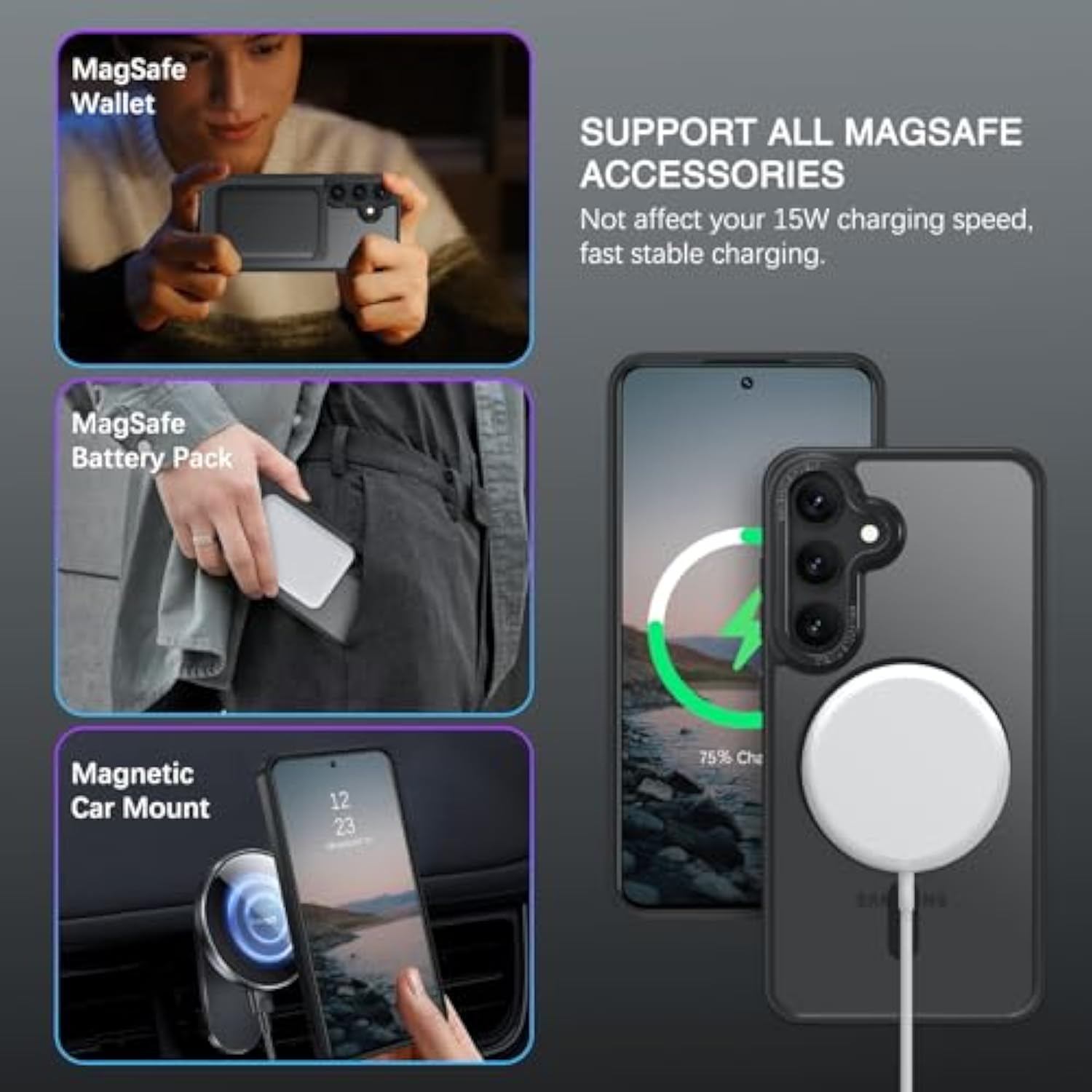 Magnetic For Samsung Galaxy S24 Plus Case [Compatible With ] Translucent Matte Slim Thin Shockproof Anti-Yellow Women Men Protective Phone Cases Cover For Samsung S24 Plus 6.7", Black