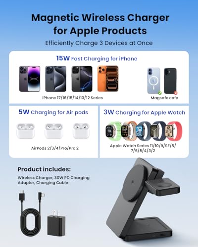 Magnetic Wireless Charging Station for : Upgraded Certified 15W 3-in-1 Magsafe Wireless Charger Stand, Foldable Travel Fast Charger for iPhone