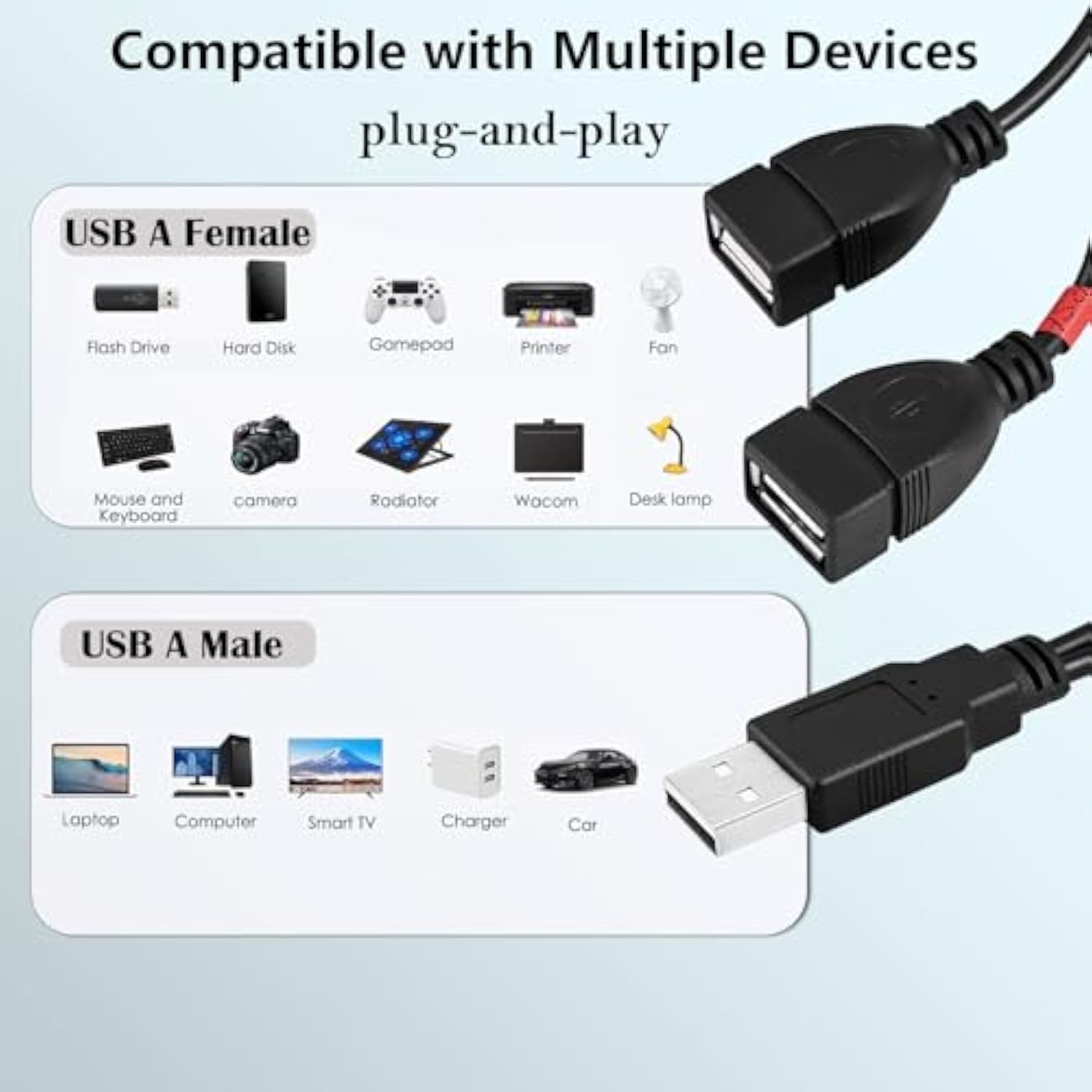 Usb Splitter 1 In 2 Out Switch, 1 Ft Usb A On/Off Switch Charger Cord, Usb 2.0 Male To Dual Female Power Cable For Data Transfer And Charging
