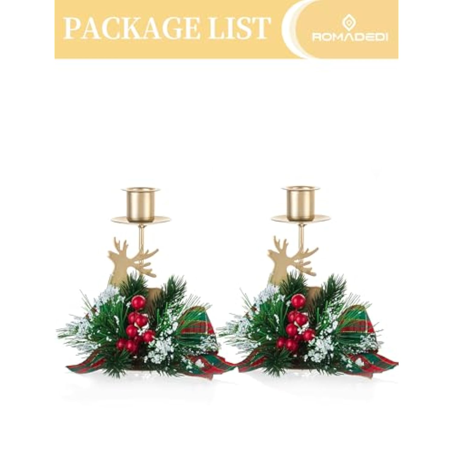 Candle Holders Christmas Decor: Gold Reindeer Candlestick Red Berry Decoration For Taper Table Centerpiece Festive Ornaments Mantel Home, Set Of 2