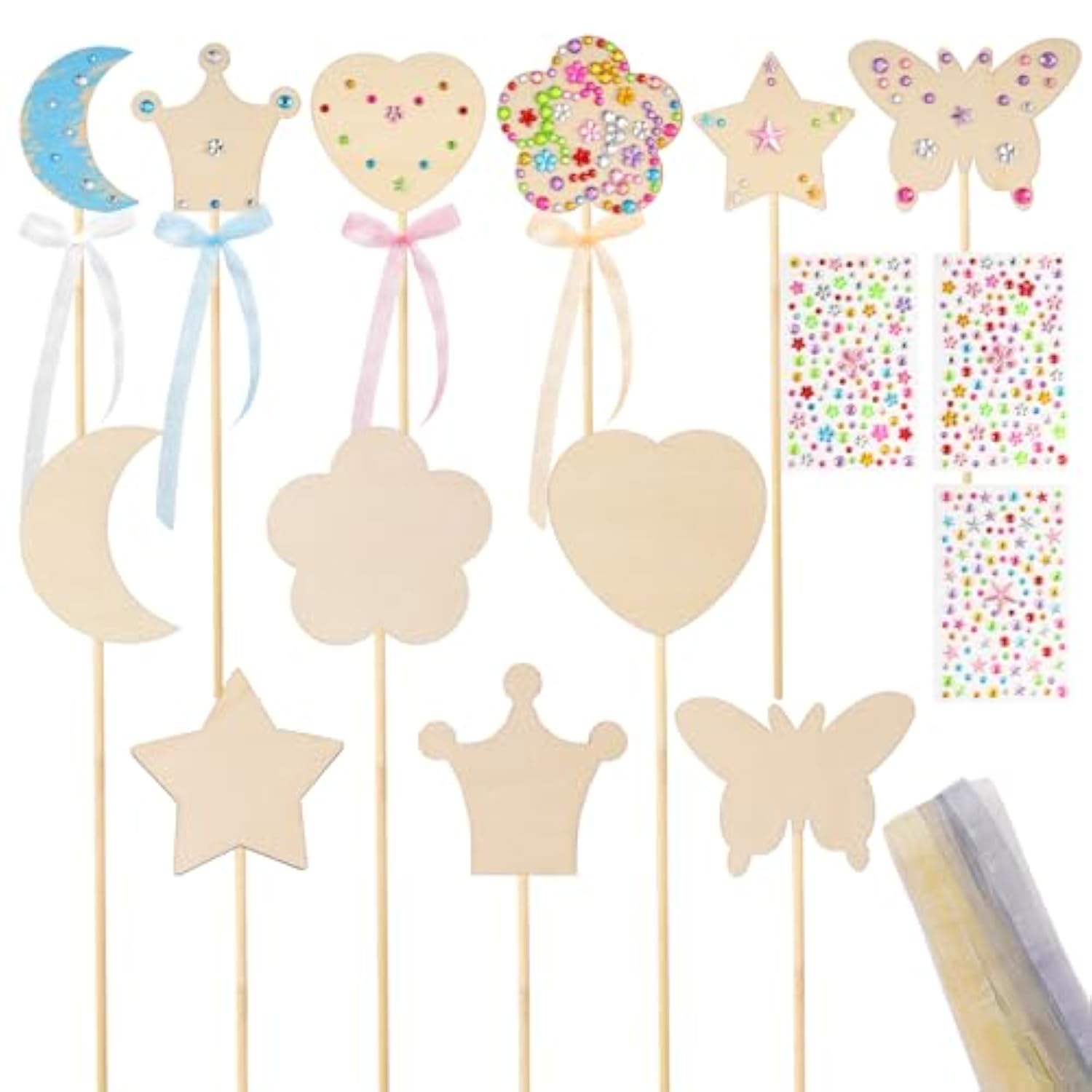 Princess Fairy Wand Kit Include 18 Unfinished Wood In 6 Styles 3 Sheet Gem Stickers 18 Ribbons Craft Kit For Halloween Princess Fairy Cosplay Party Favors For Adult
