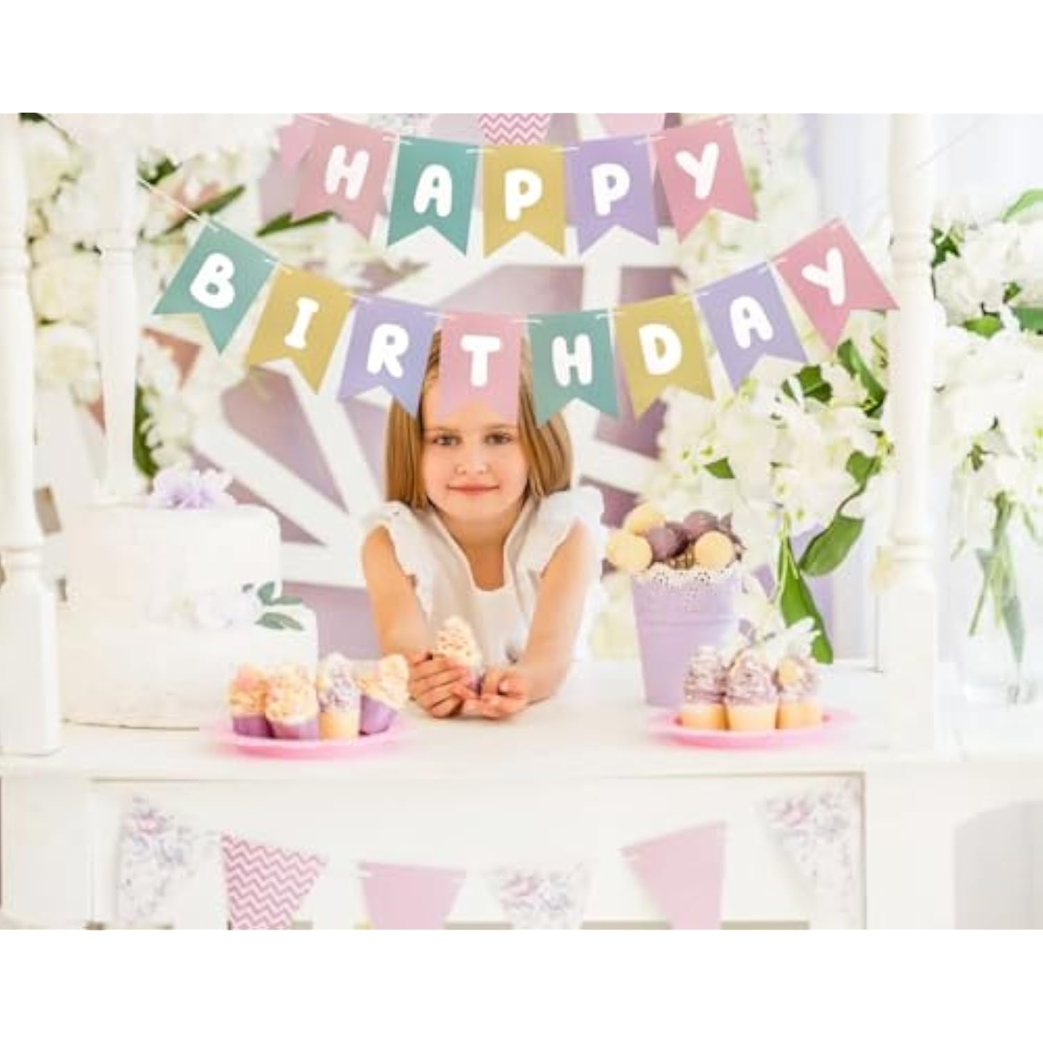 Pastel Happy Birthday Banner, Rainbow Bunting Sign for Girls Boys Party Decor