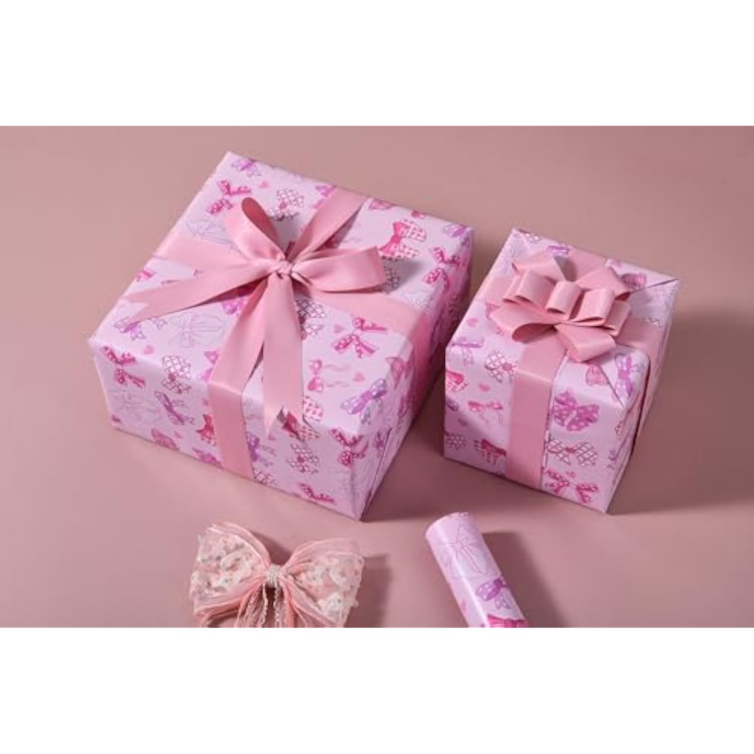 Pink Bows Wrapping Paper Roll 17In X 16.4Ft Cute Girly Gift Wrap Pink Bow