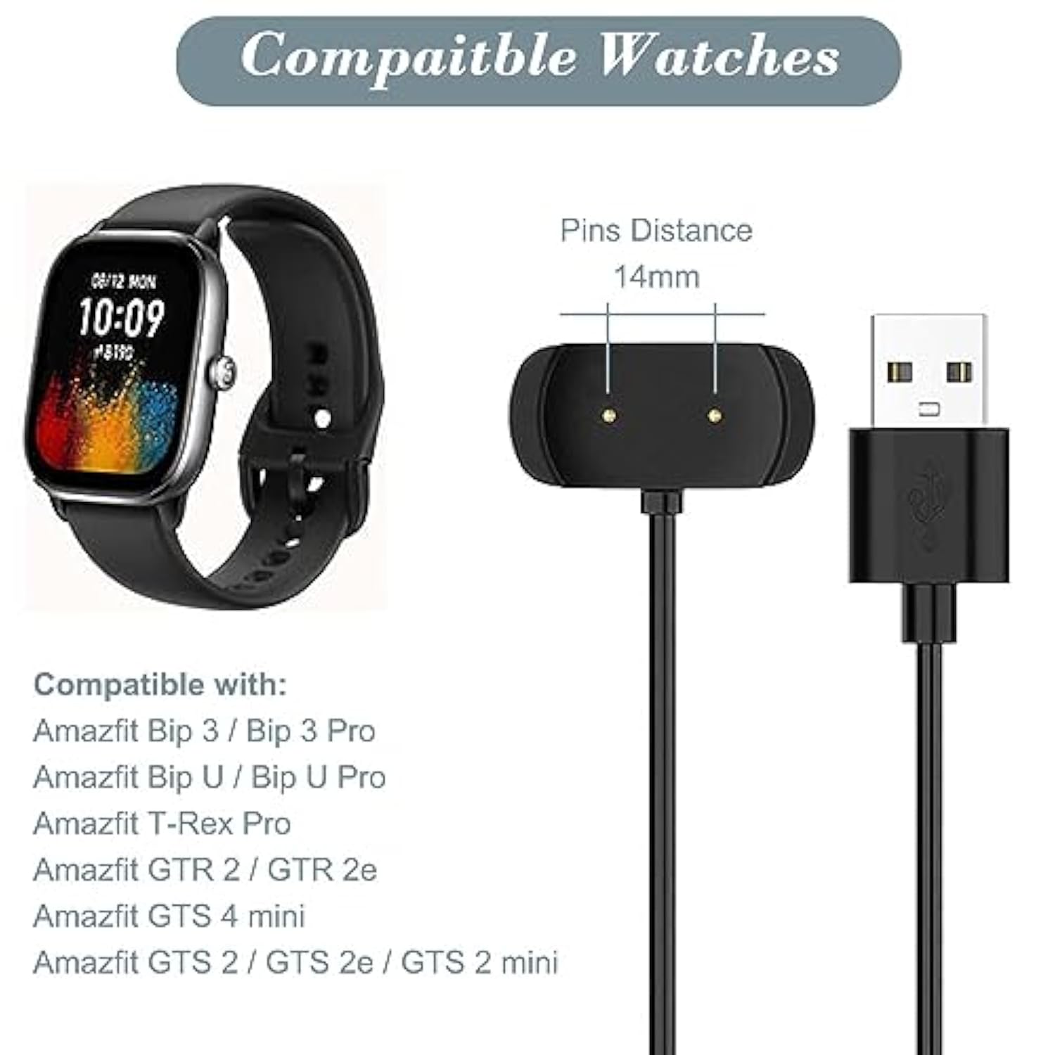 Charger For Amazfit Bip 5/3/Bip U Pro, T-Rex Pro, Gtr Mini/2/2E, Gts 2/2E/Gts 4 Mini, Active Smart Watch Charging Cable