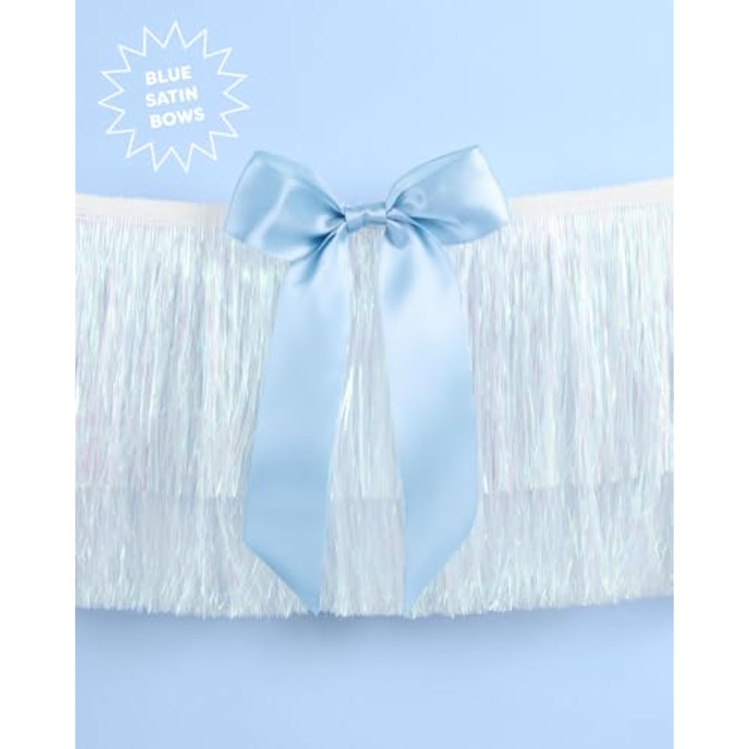 Blue White Bow Fringe Banner - Iridescent, 6 Ft. | Something Blue Bachelorette Decoration, Bridal Shower Decor, Engagement Photoshoot Backdrop