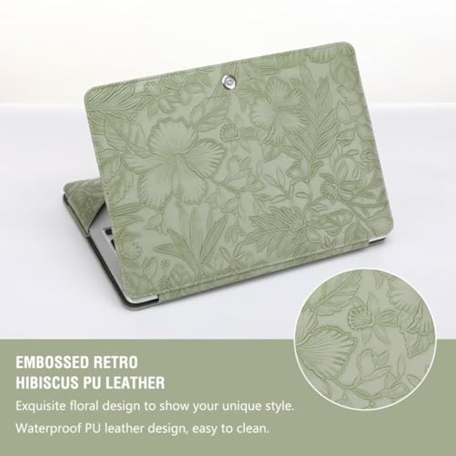 MOSISO Case Compatible with MacBook Air 13.6 inch M4 M3 M2 2025-2022 /Air 13 M1 2022-2018 /Pro 13 M2 M1 2025-2016, Embossed Retro Hibiscus PU Leather Portfolio Protective Stand Cover, Sage Green