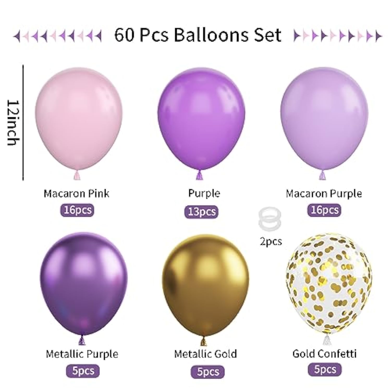 60Pcs Pink & Purple Pastel Balloons, 12-Inch Metallic Gold Confetti for Girls' Party Decor