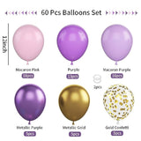 60Pcs Pink & Purple Pastel Balloons, 12-Inch Metallic Gold Confetti for Girls' Party Decor