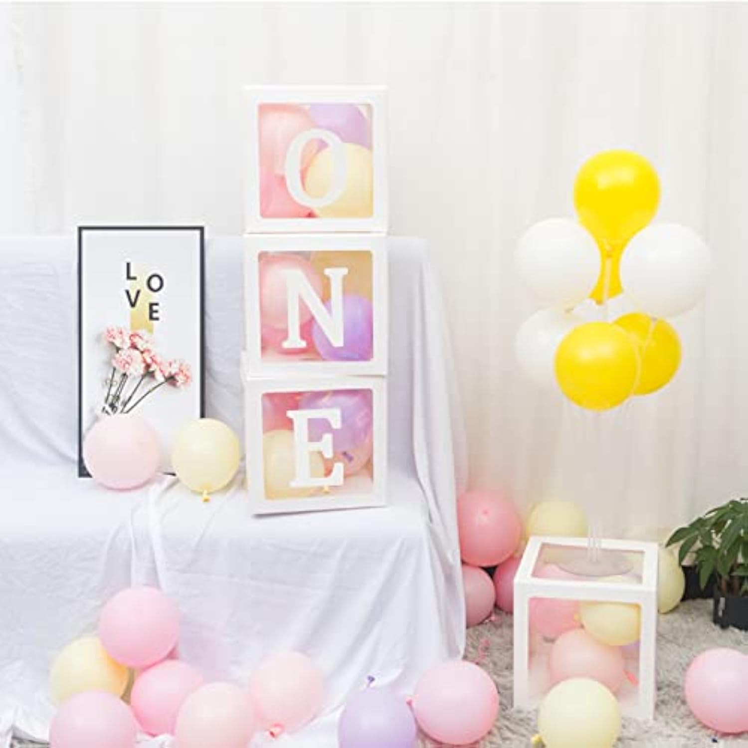 First Birthday Balloons Boxes For Boy Or Girl 'One' Letters Individual Three White Transparent Square Boxes 1St Birthday Party Decorations Backdrop Photo Shoot Prop