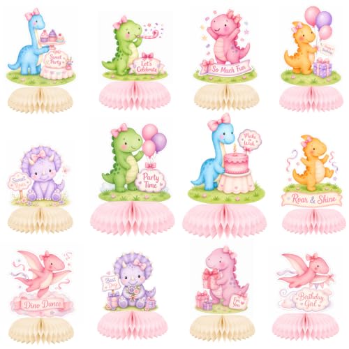 12 Pcs Pink Dinosaur Birthday Honeycomb Centerpieces for Girls